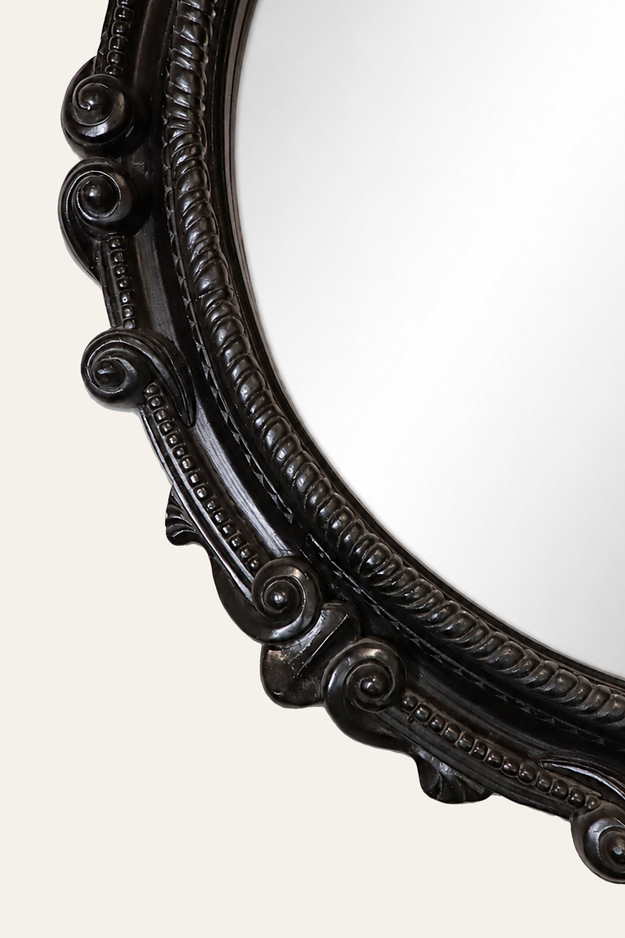Black Carved Round Wooden Mirror for Living Room Wall