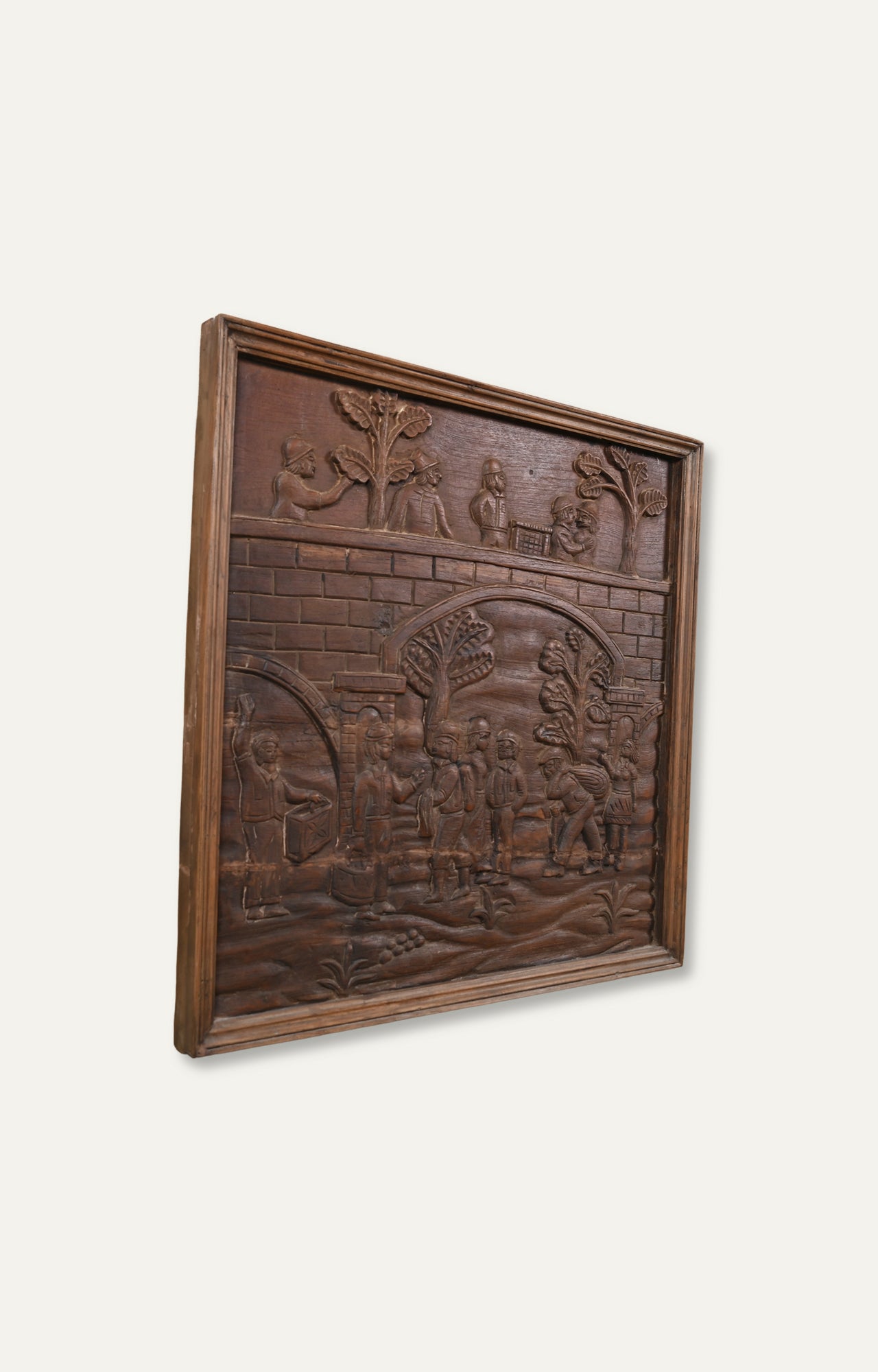 French Vintage Deep Carved Framed Panel in Solid Walnut Wood