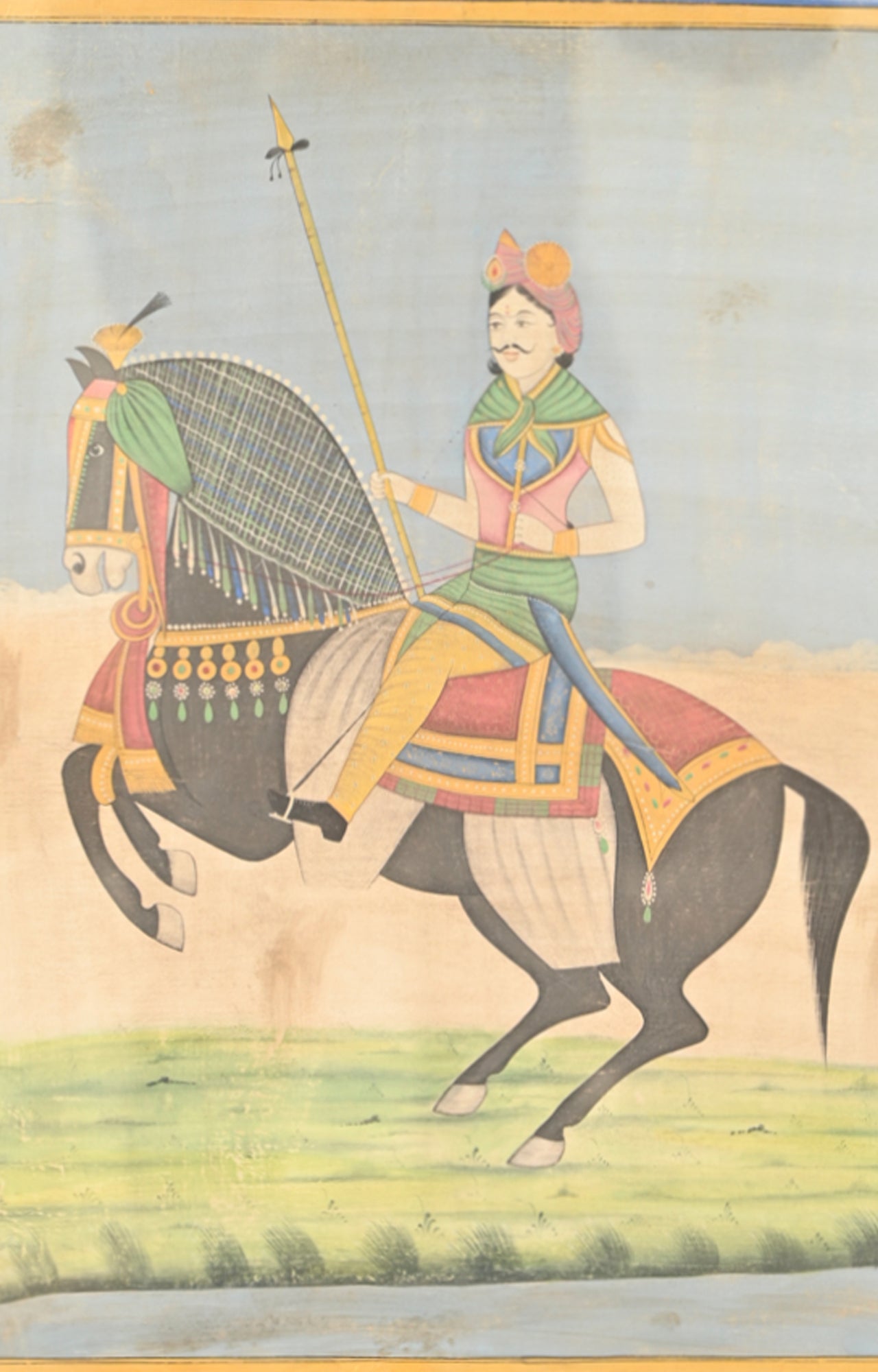 Mughal Emperor on Horse : Framed Watercolor Painting.