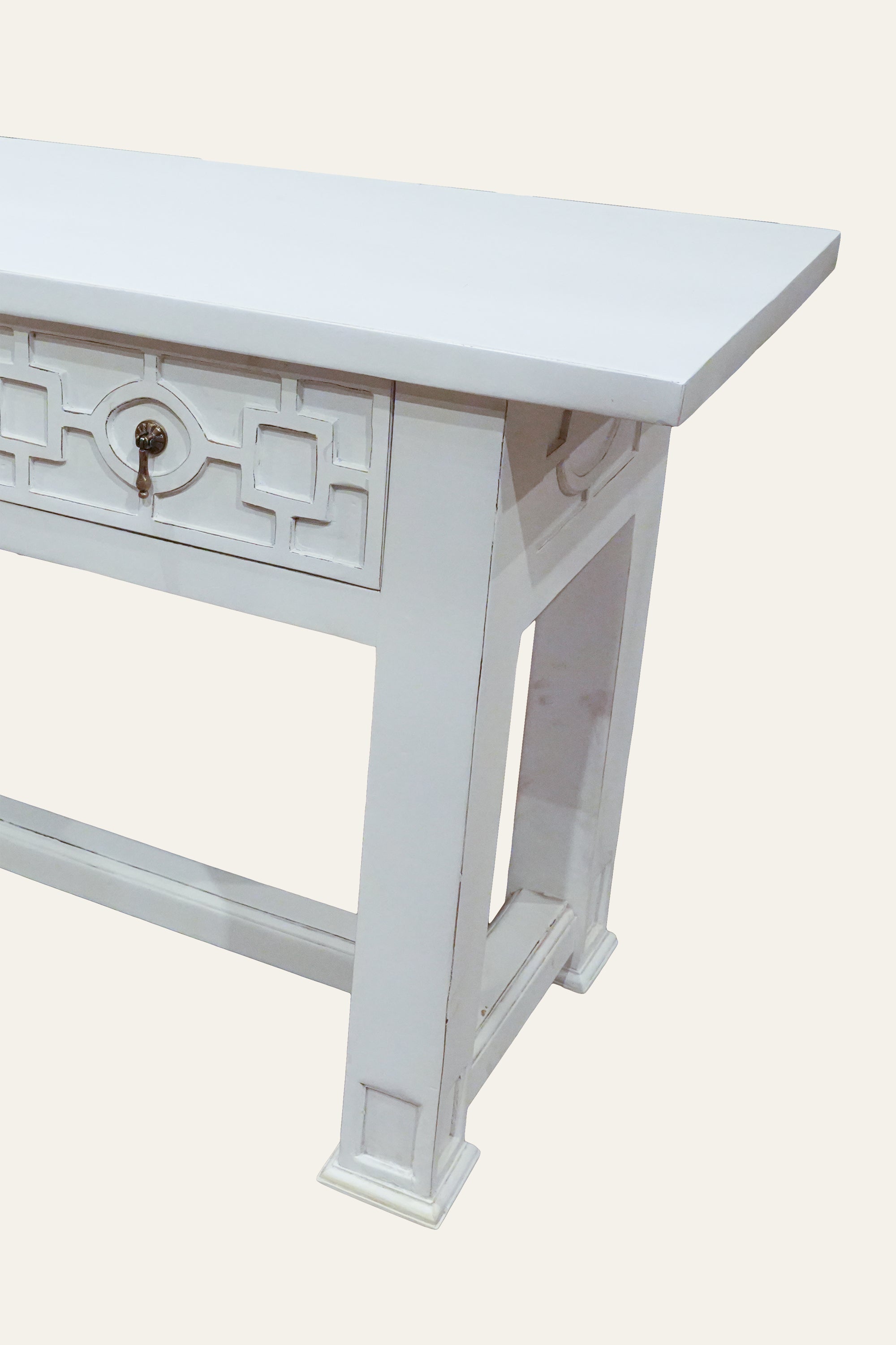 White Wooden Carved Geometric Pattern Console  with 3 Drawers
