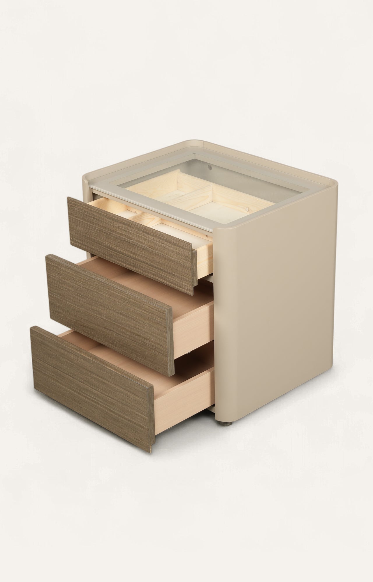 Modern Three-Drawer Nightstand with Glass Top and Lacquered Frame