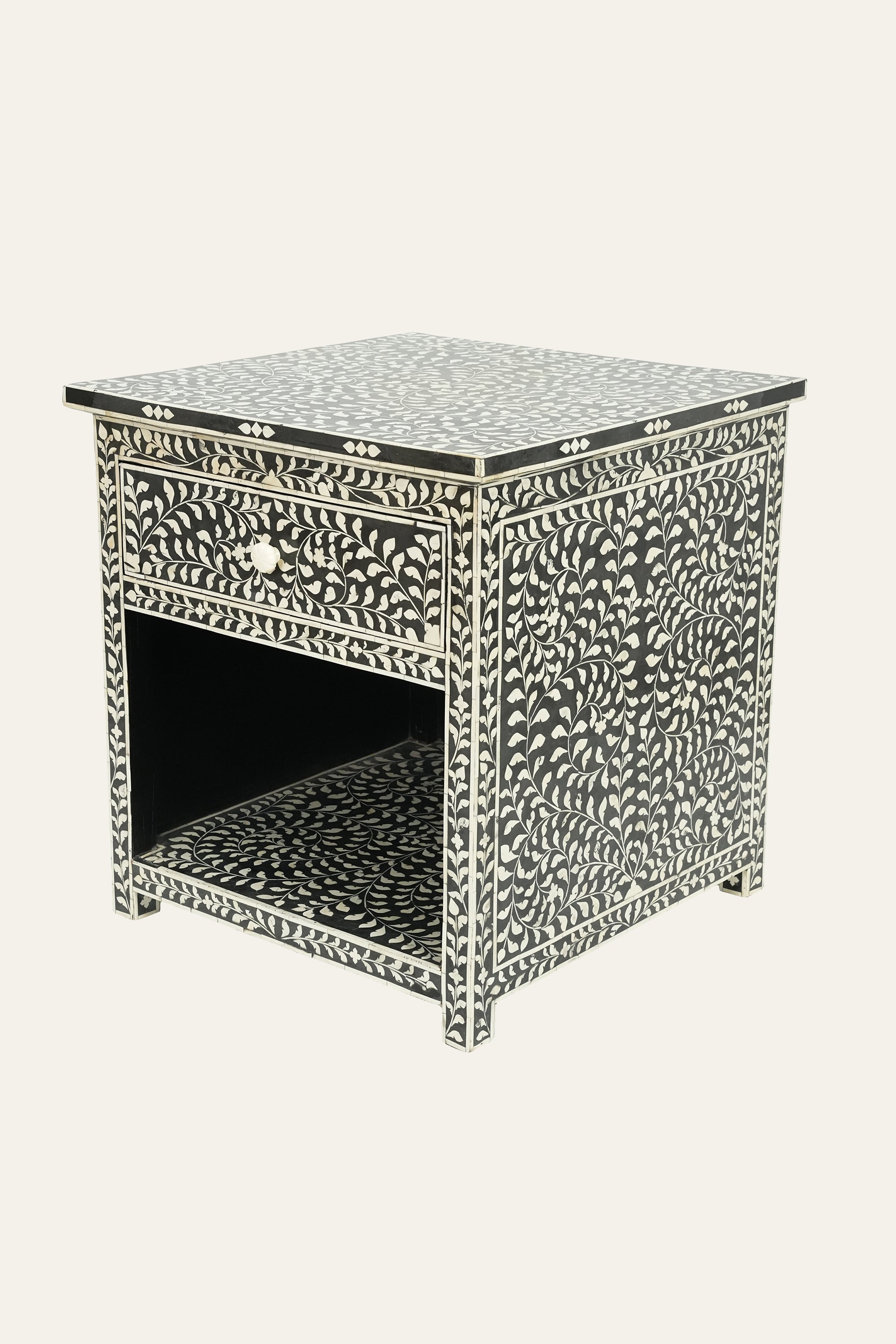 Black Bone Inlay Floral Bedside Table with Open Shelf