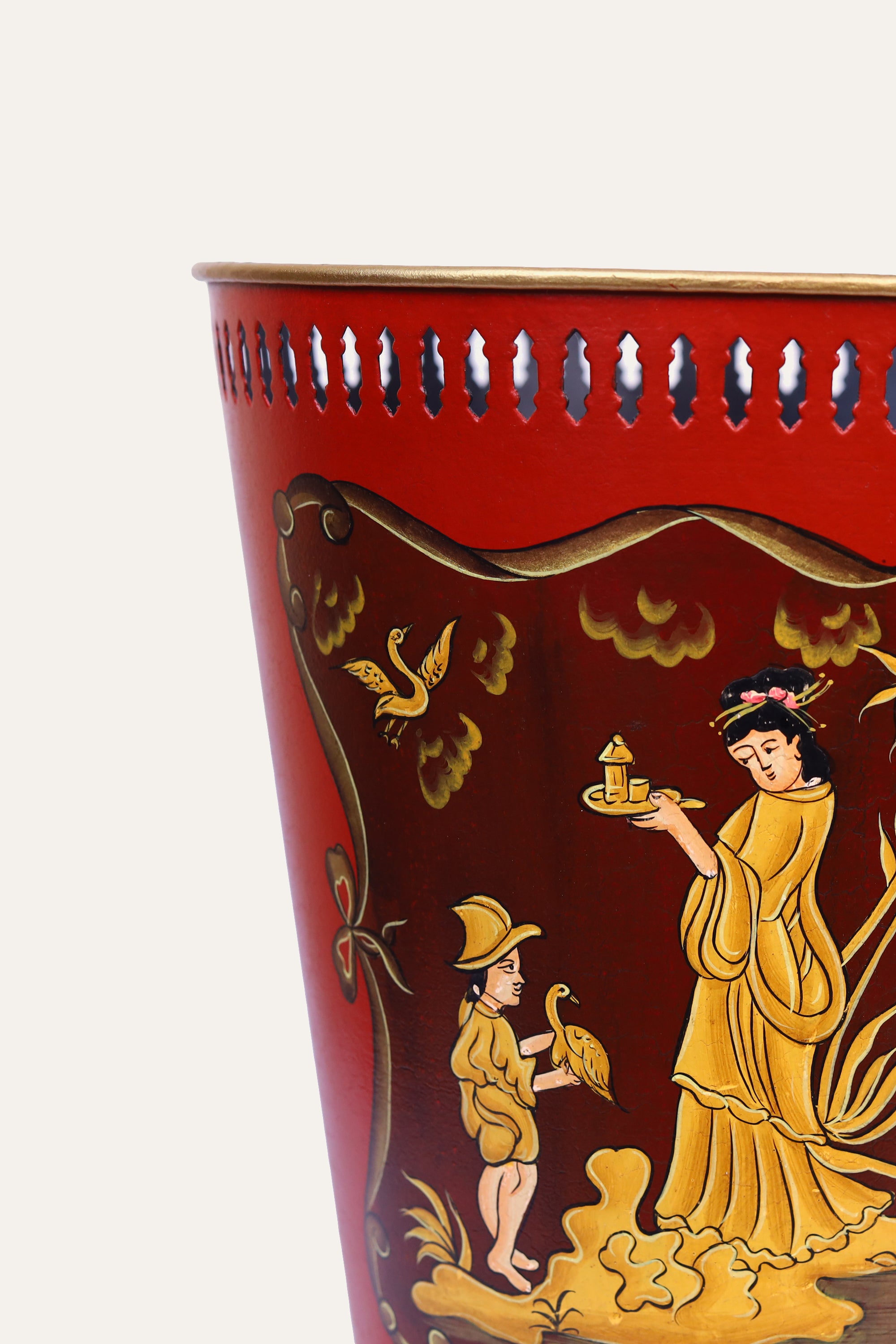 Hand-Painted Red Metal Waste Bin with Chinoiserie Figurative Art