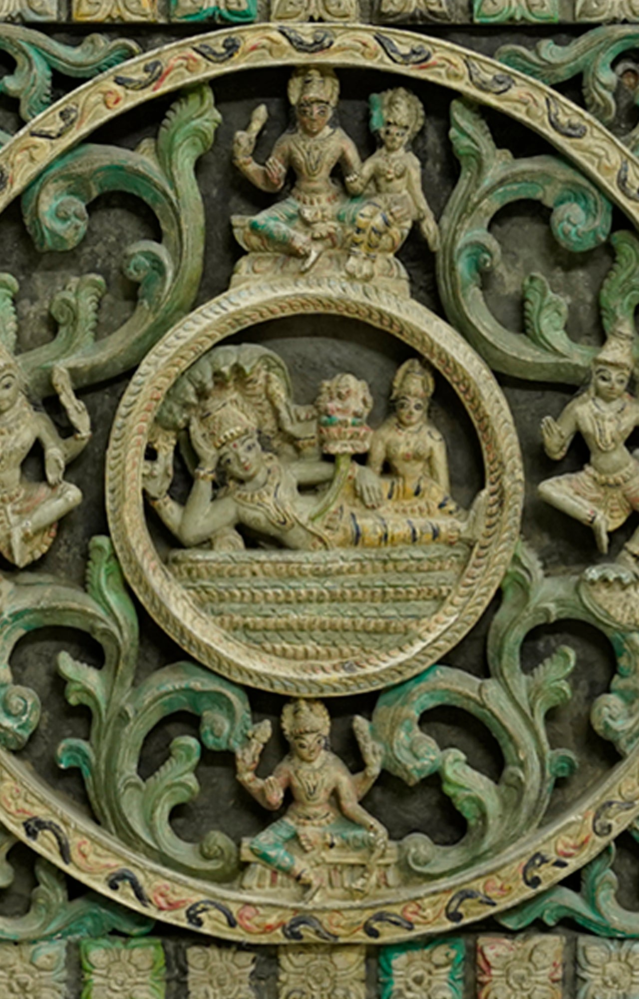 Vintage Wood Carving with Vishnu & Lakshmi - Green Patina