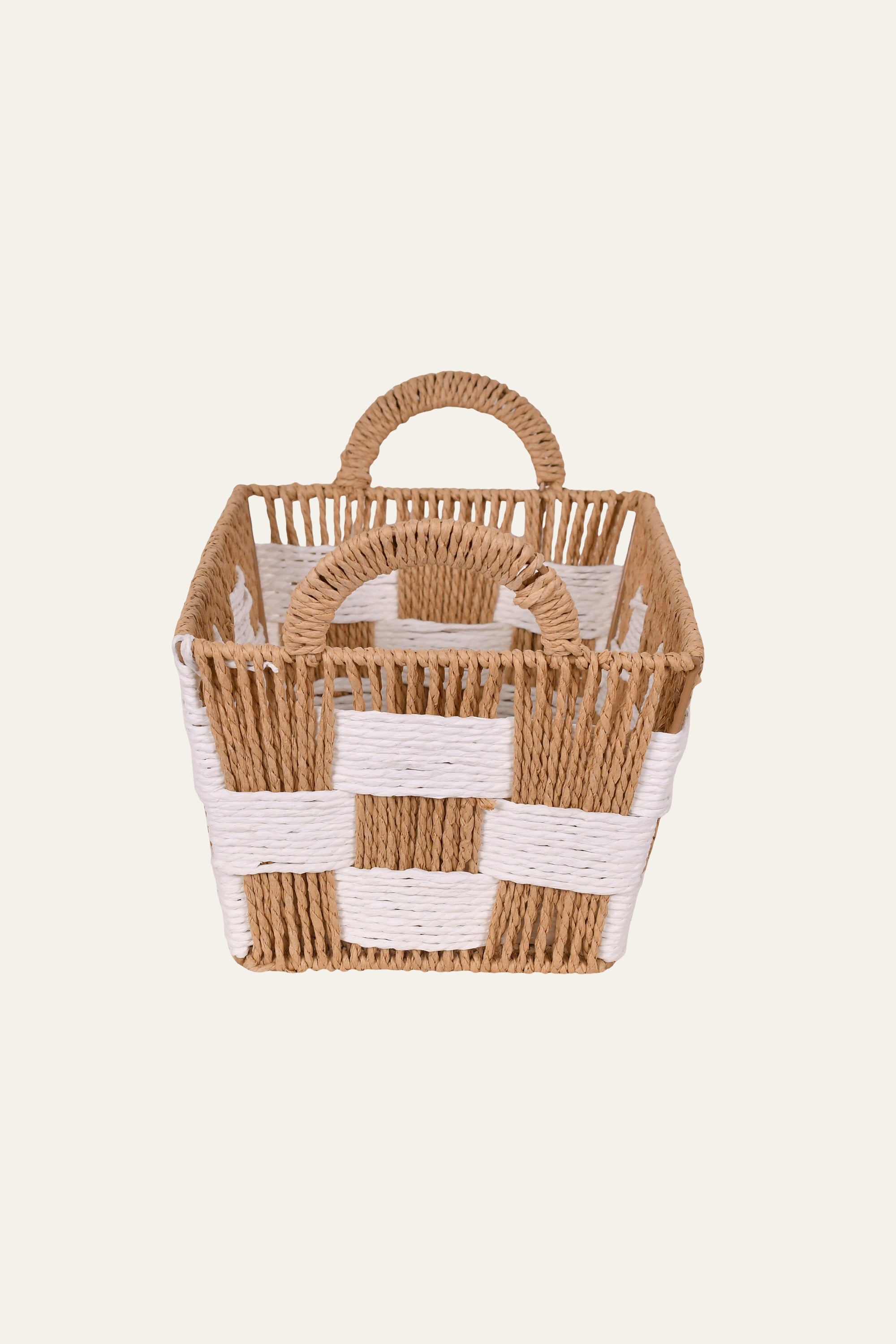 Brown & White Checkered Woven Storage Basket – Small