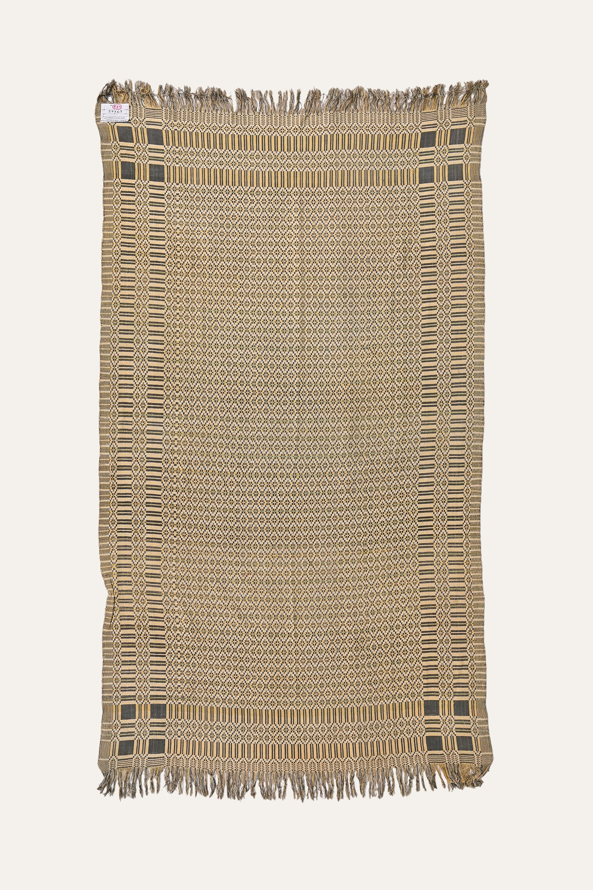 Soft Grey Reversible Khes Throw with Mustard Border & Vintage Fringe