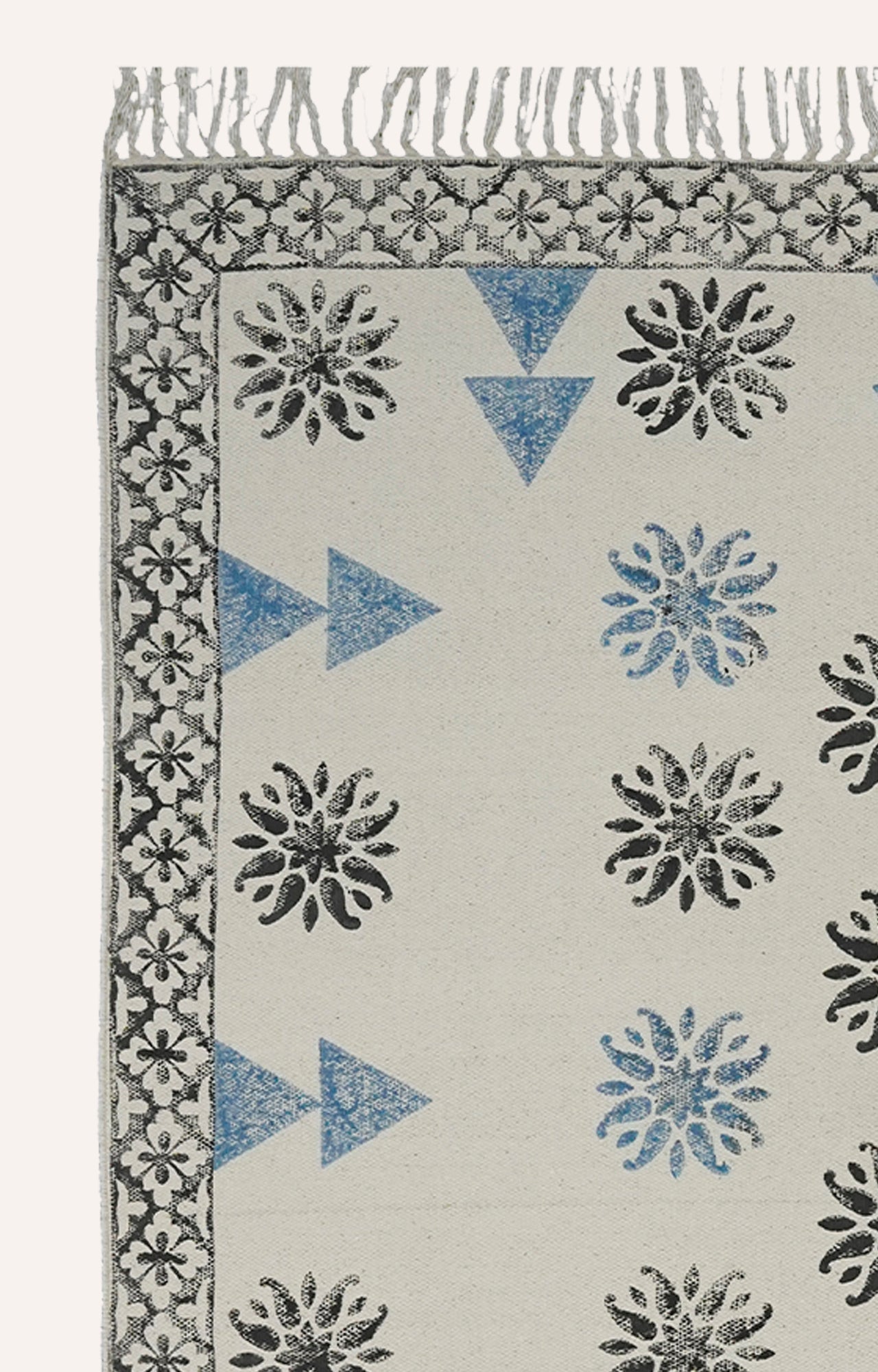 Handwoven Block Printed Area Rug with Blue Triangles and Organic Design