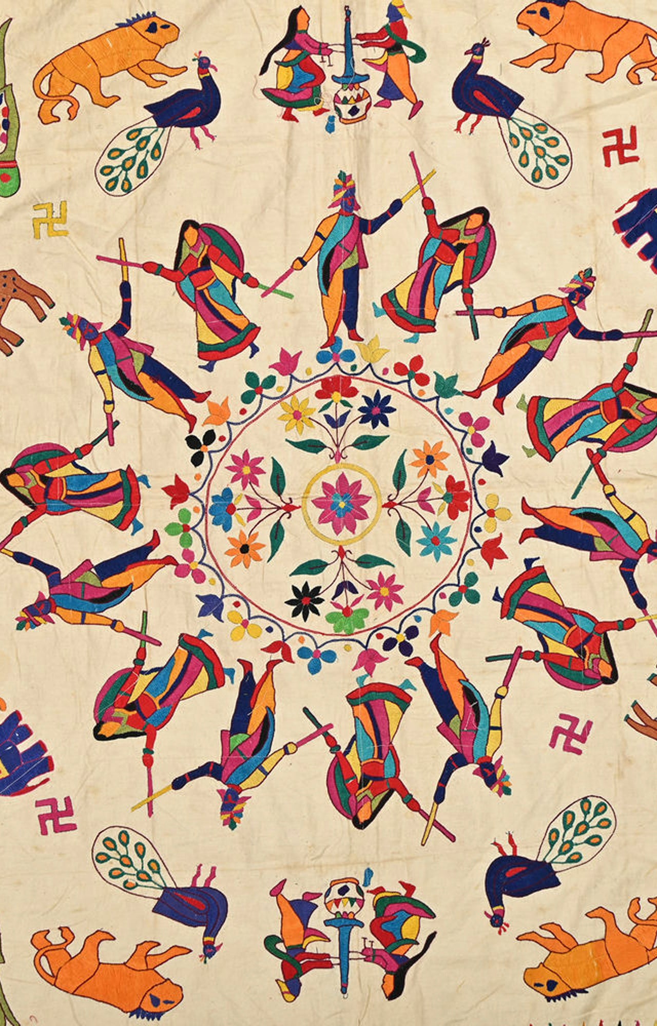 Vibrant Kutch Embroidery Cotton Wall Textile with Parrot, Animal, and Garba Dance Figures"