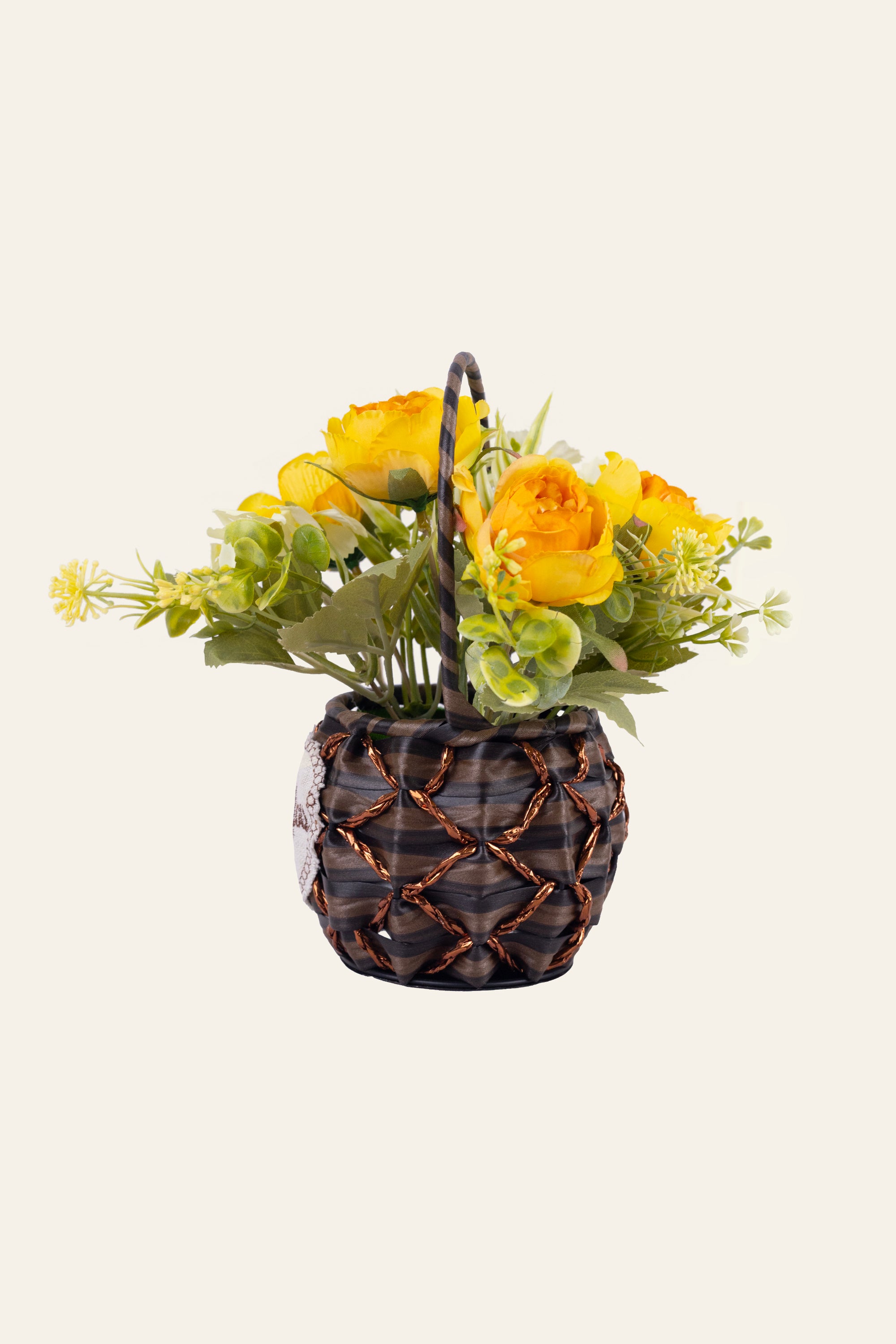 Yellow Rose Artificial Flower in Woven Basket