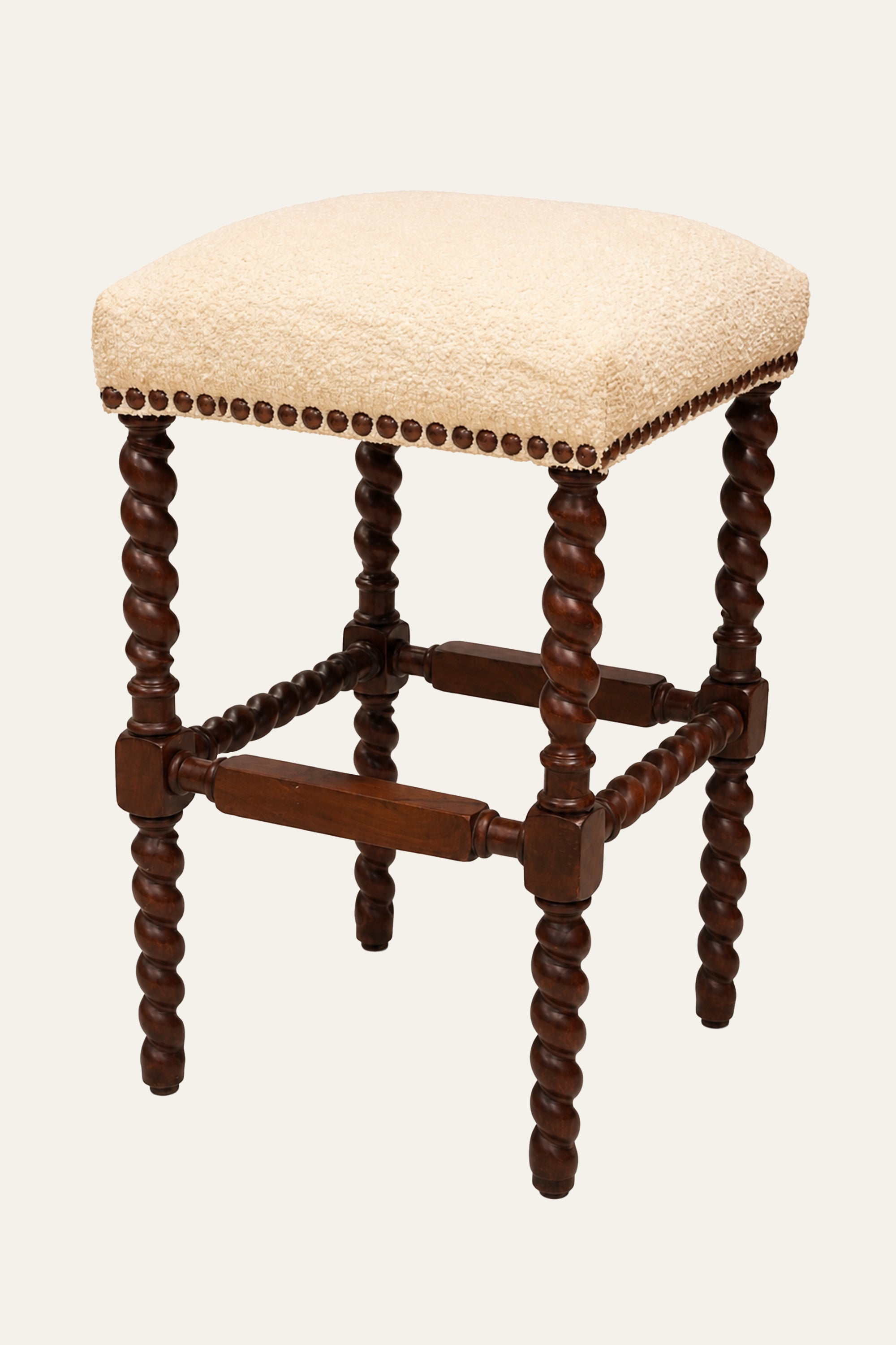 Brown Barley Twist Sitting Stool with White Cushioned Seat