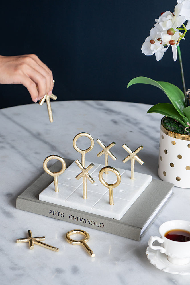 Marble Tic Tac Toe Game with Gold Metal Pieces