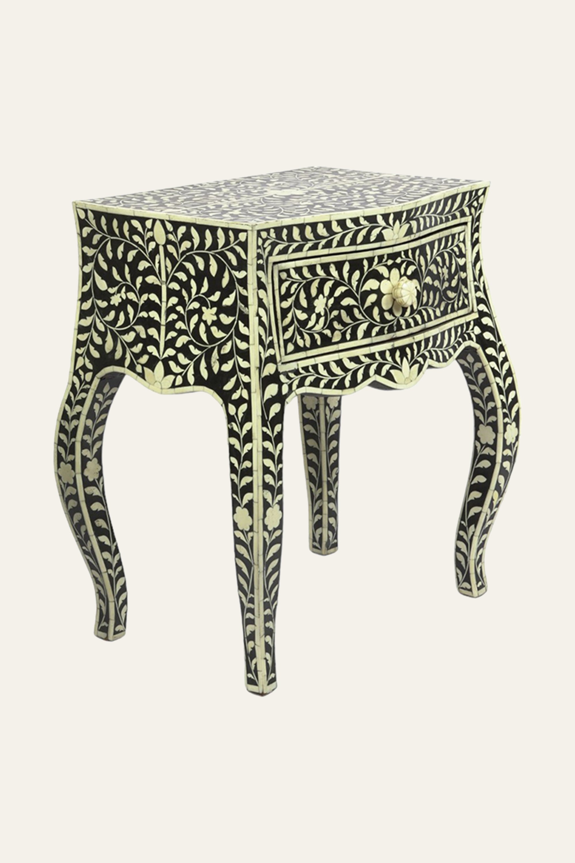 Floral Pattern Bone Inlay 1-Drawer Bedside Table