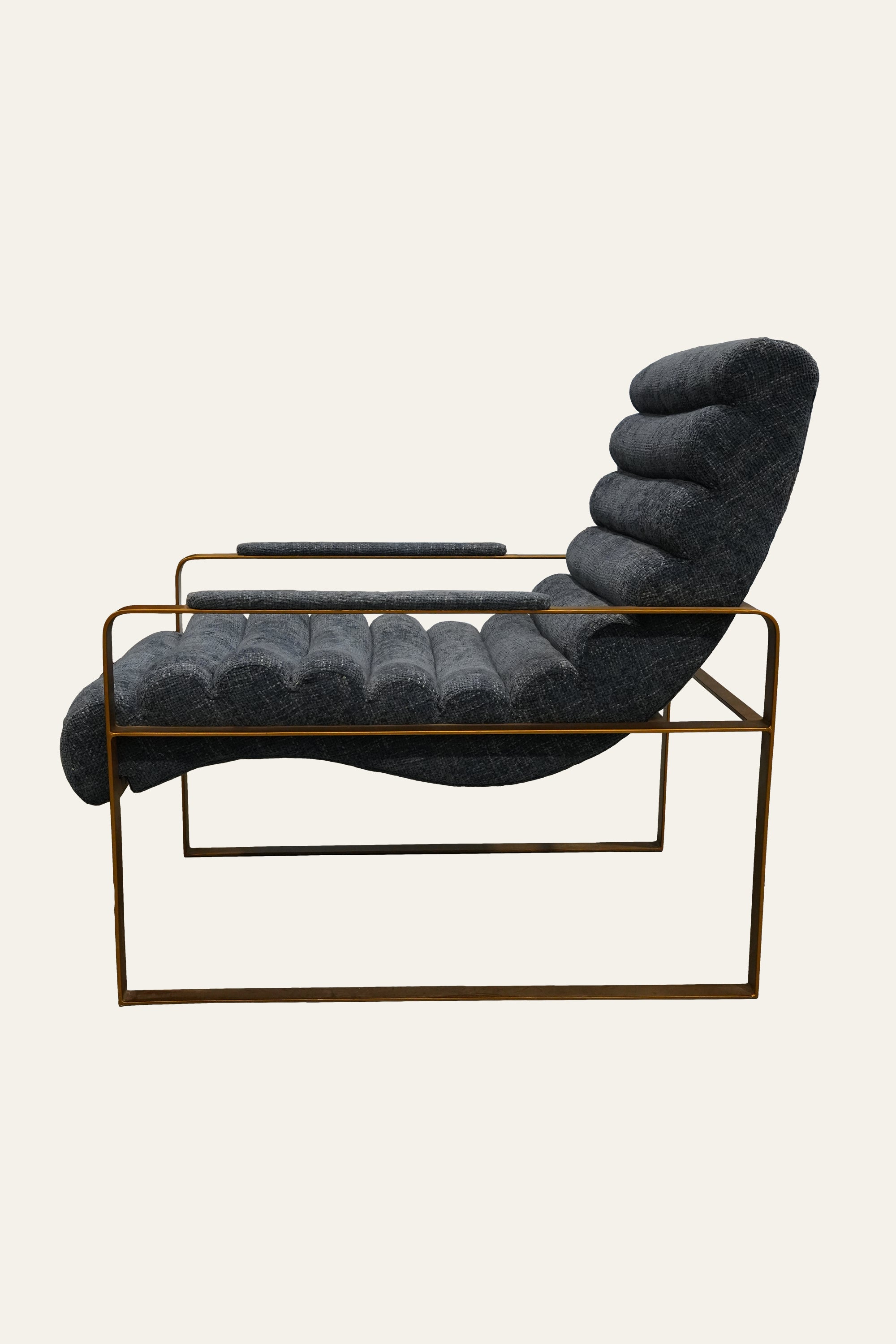 Blue Channel Tufted Lounge Armchair with Metal Frame