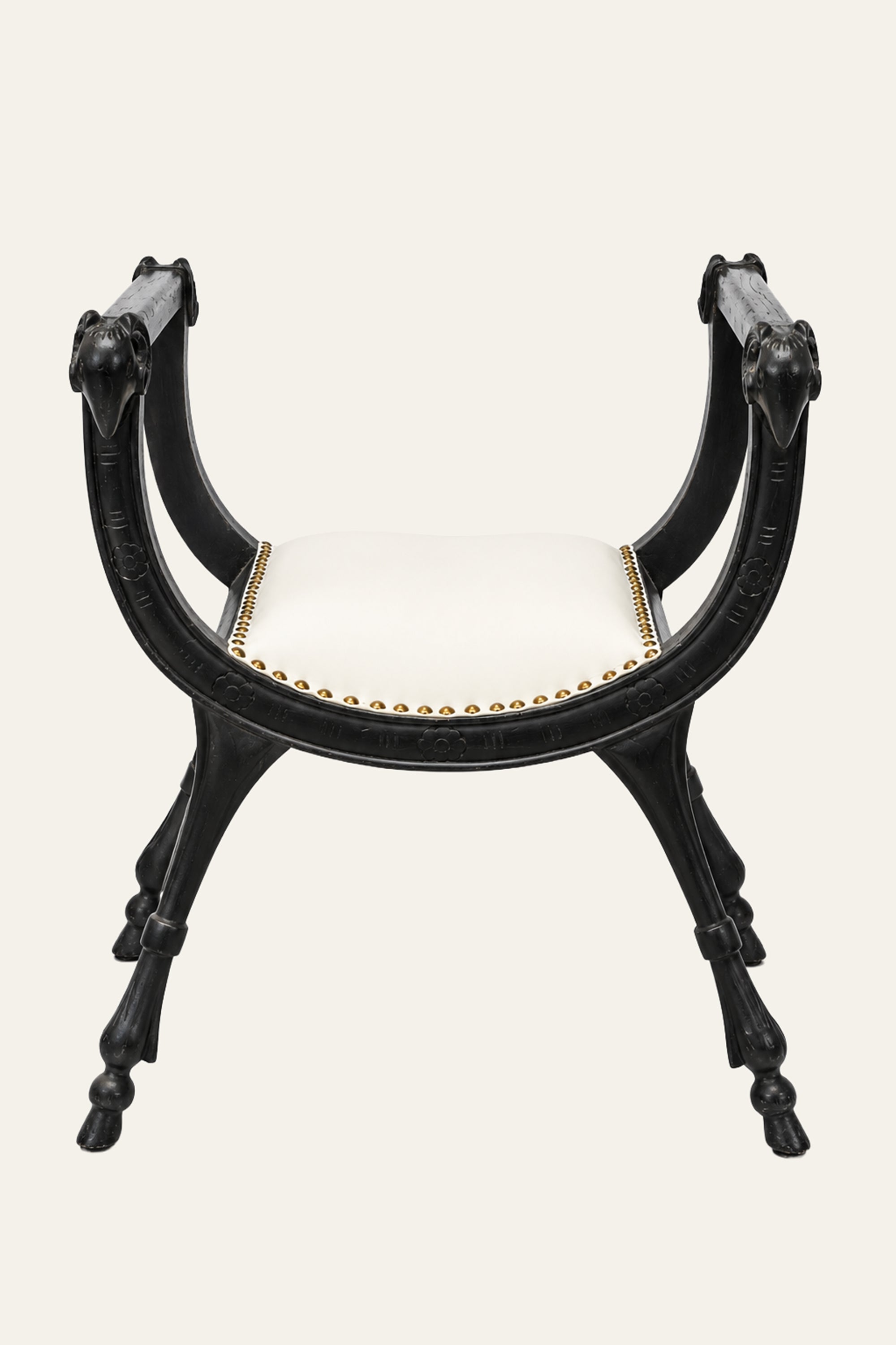 Black Carved Wooden Stool with White Cushioned Seat