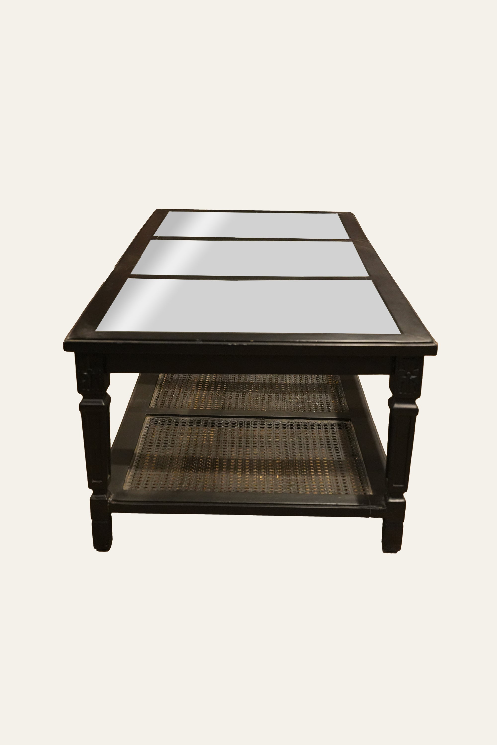 Gustavian Style Black 2-Tiered Glass Coffee Table with Cane Shelf