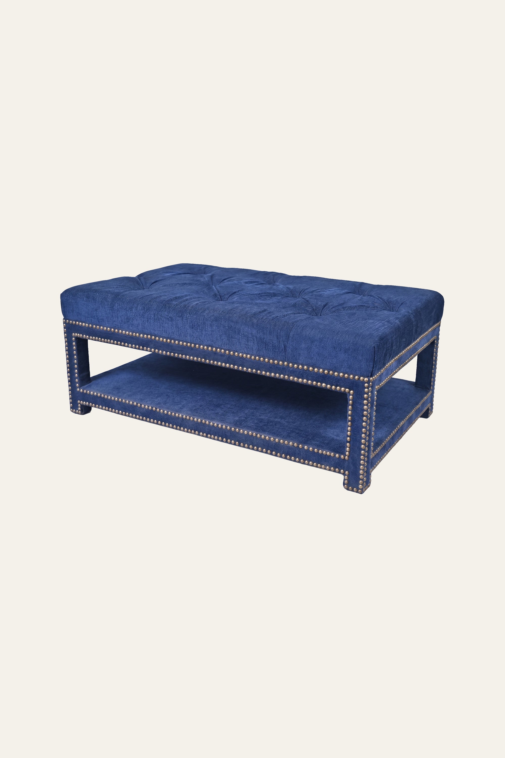 Navy Blue Tufted Coffee Table with Brass Nailhead Trim