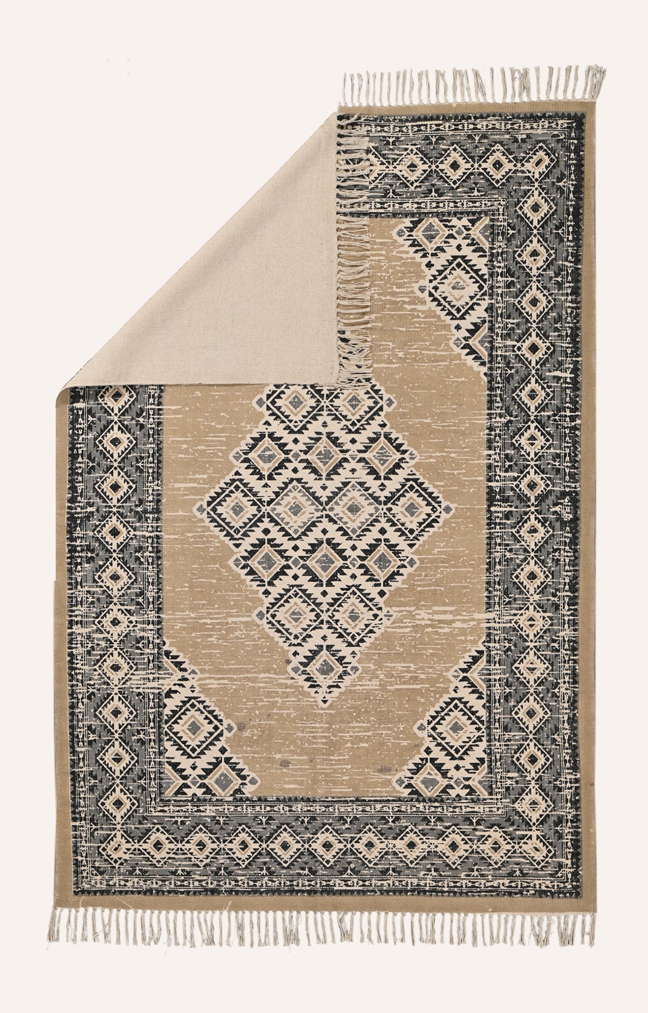 Handwoven Block Printed Geometric Medallion Area Rug