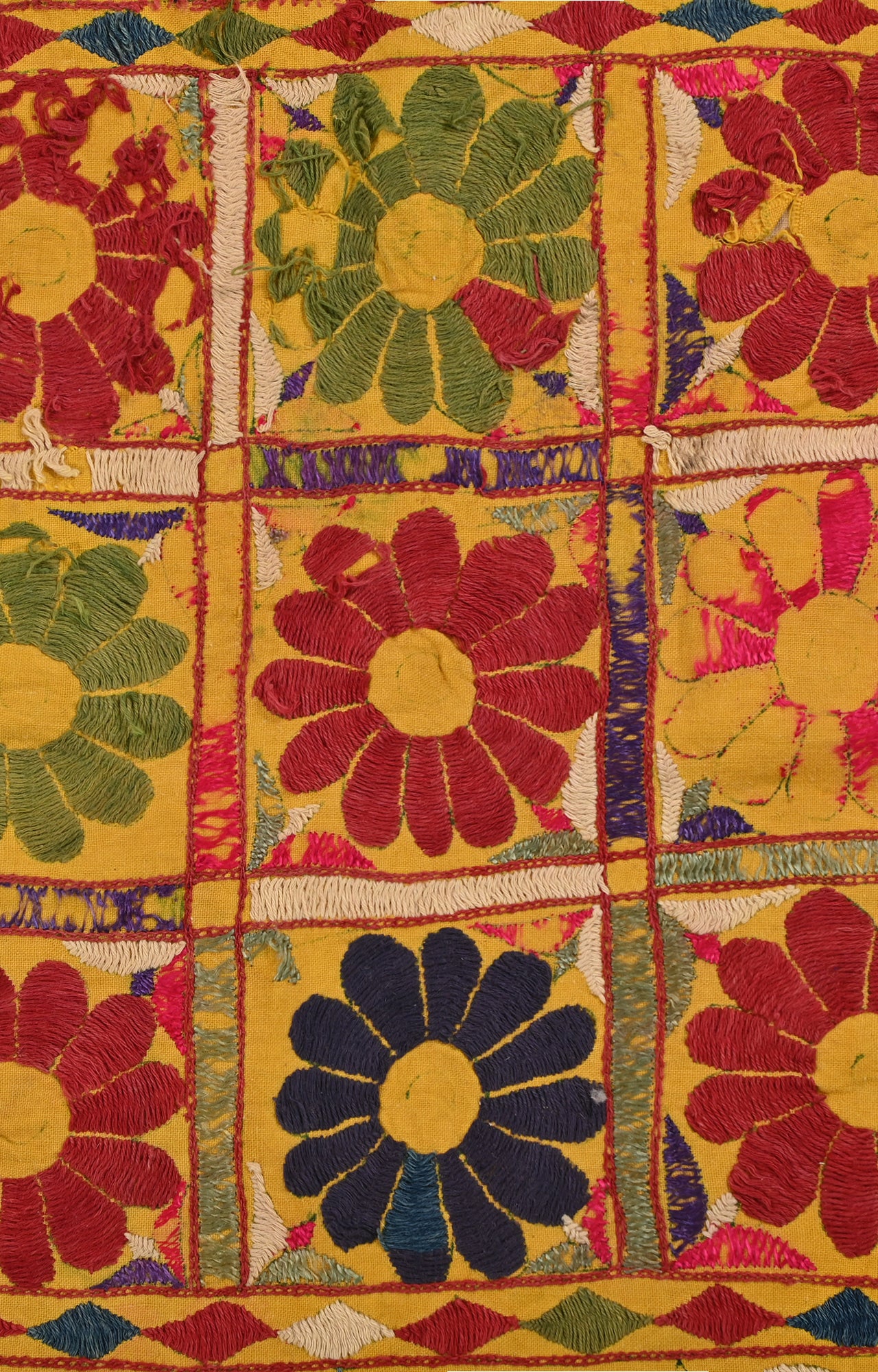 Vintage yellow Hand-Embroidered Gujarati Tapestry