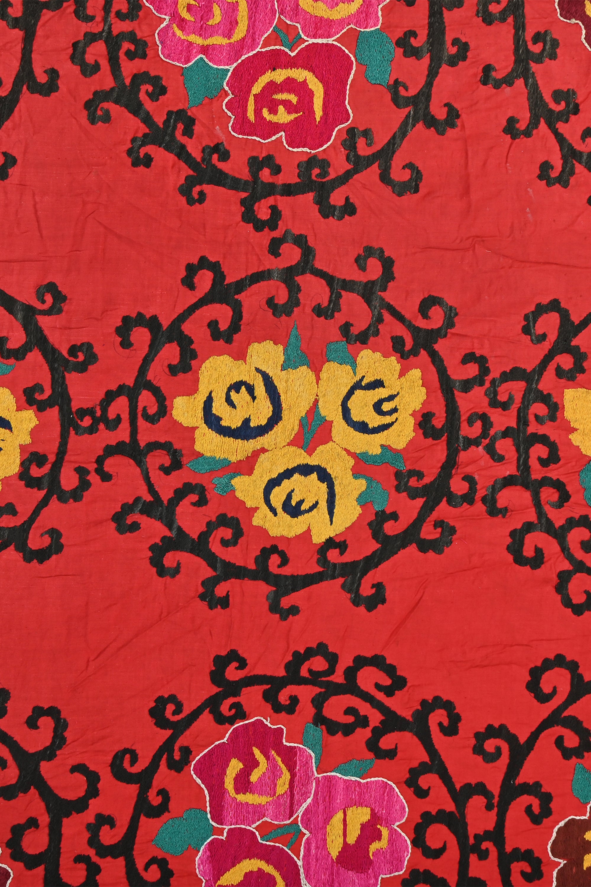 Vibrant Red Floral Suzani Vintage Wall Hanging Panel