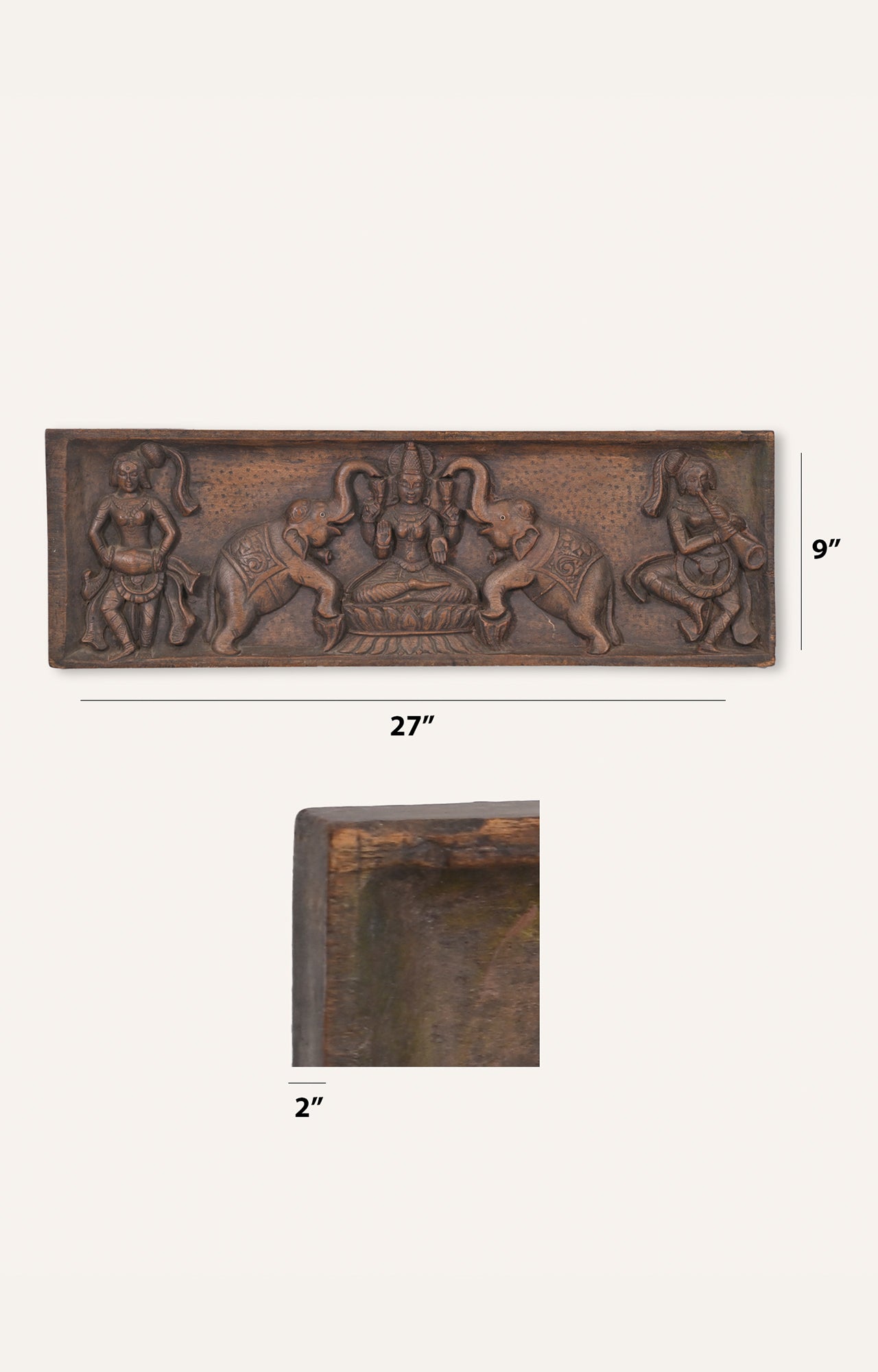 Elephants Upraised Trunk Wooden Frame Gaja Lakshmi Goddess With Sevagar Ladies Handcrafted Wall Panel