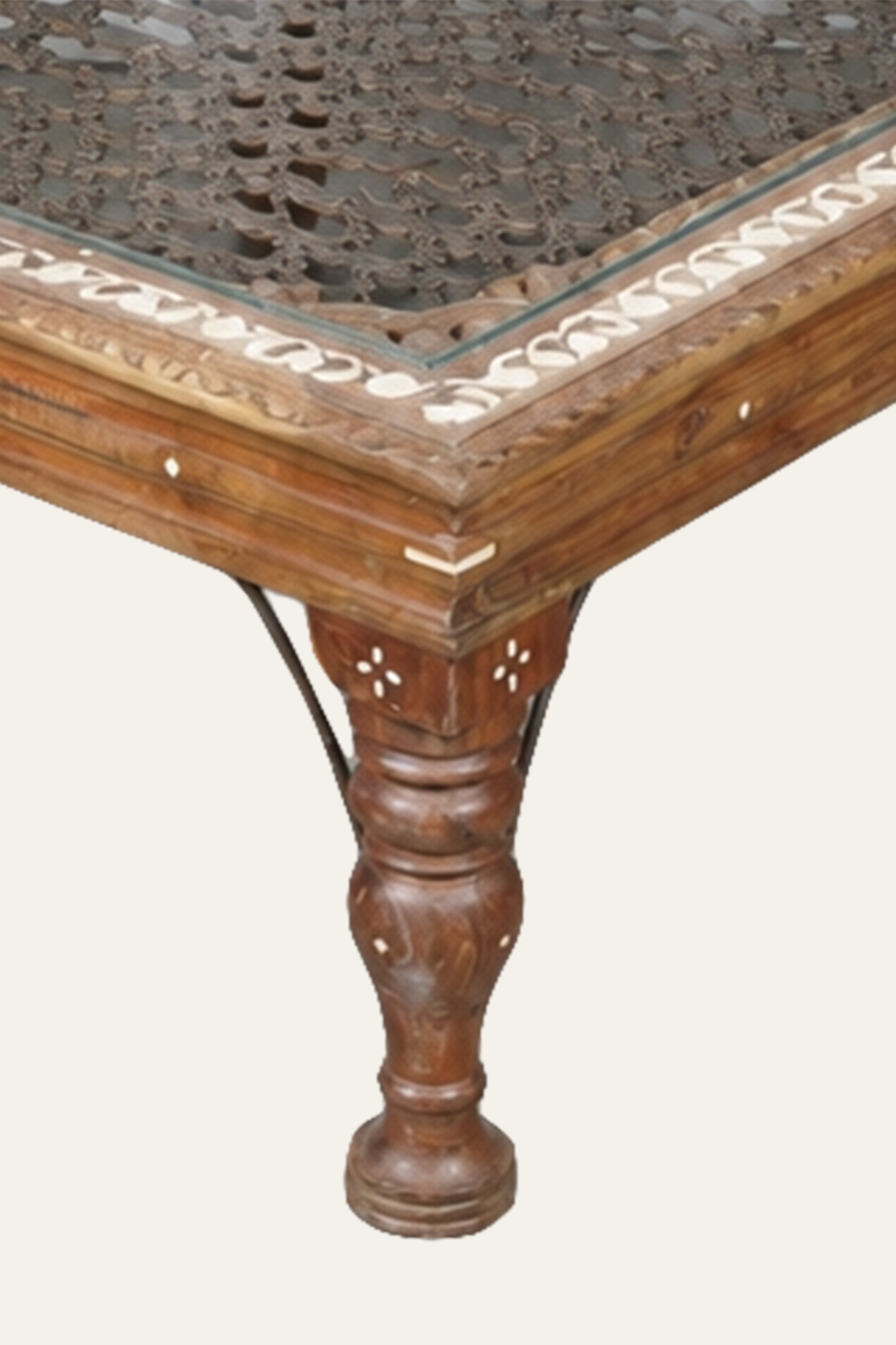 Light Wood Mesh Coffee Table with Bone Inlay Floral Border