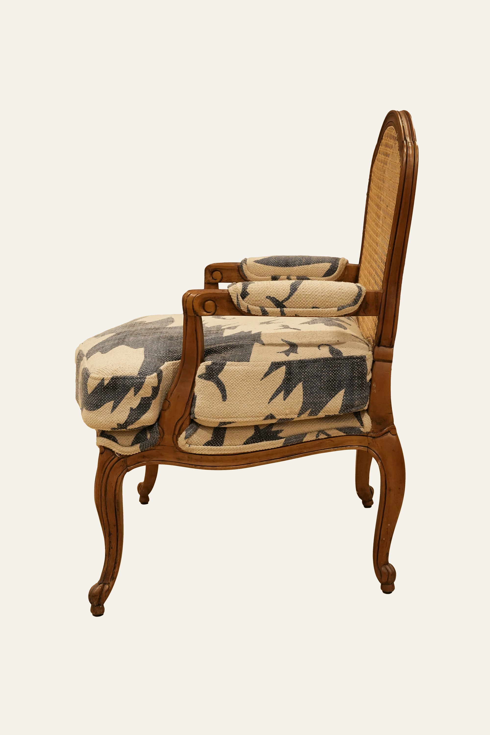 French Provincial Style Cane Back Armchair with Patterned Seat