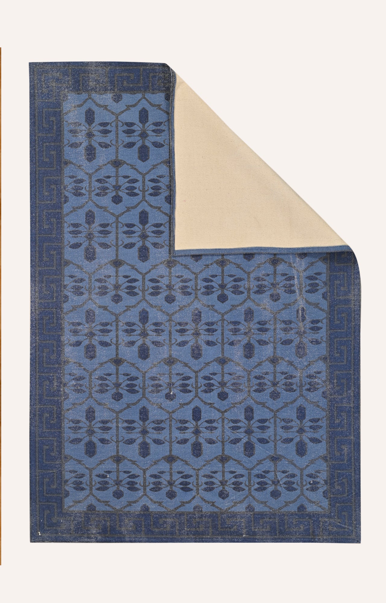 Handwoven Block Printed Trellis Geometric Blue Rug