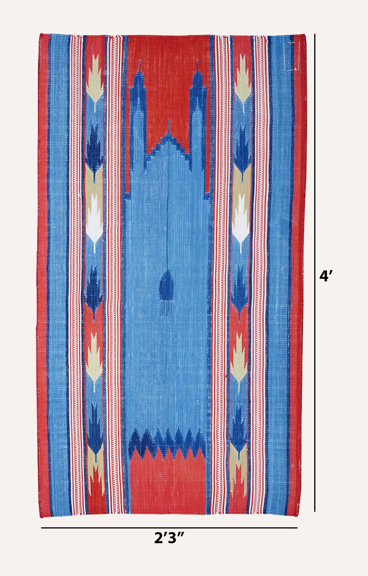 48 x 27 Inches Handwoven Cotton Prayer Rug (Blue And Red)