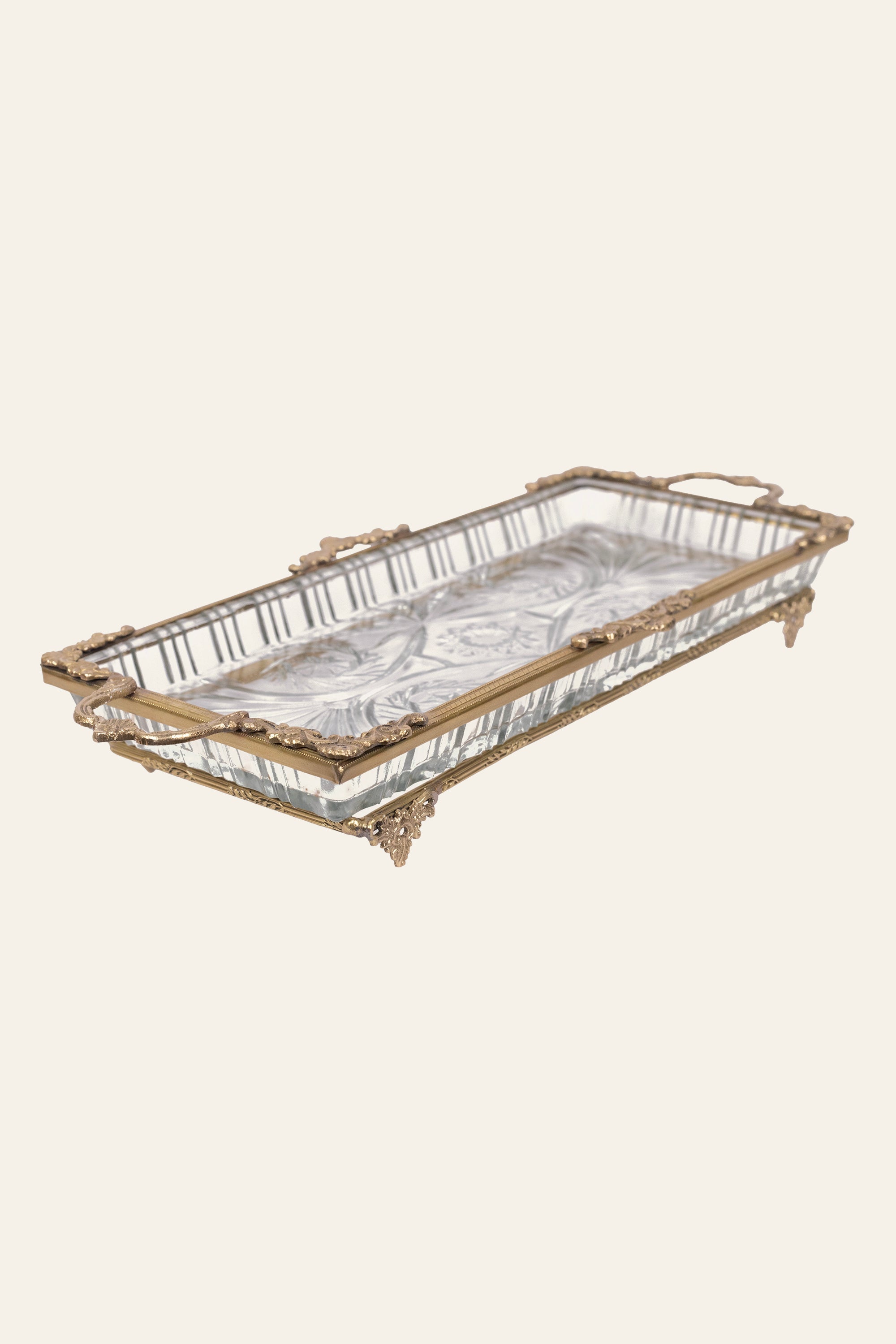 Vintage Style Brass & Glass Decorative Tray with Handles