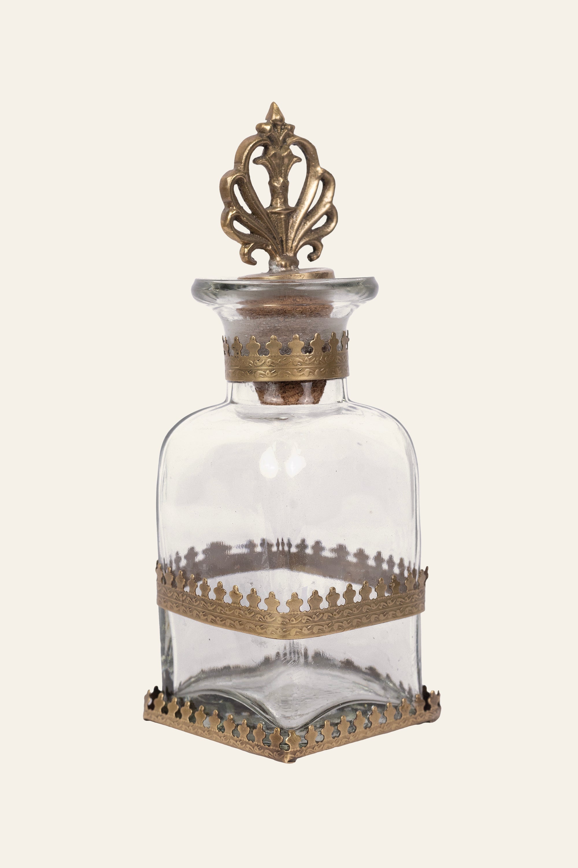Brass & Glass Bottle Container with Antique Stopper - Small