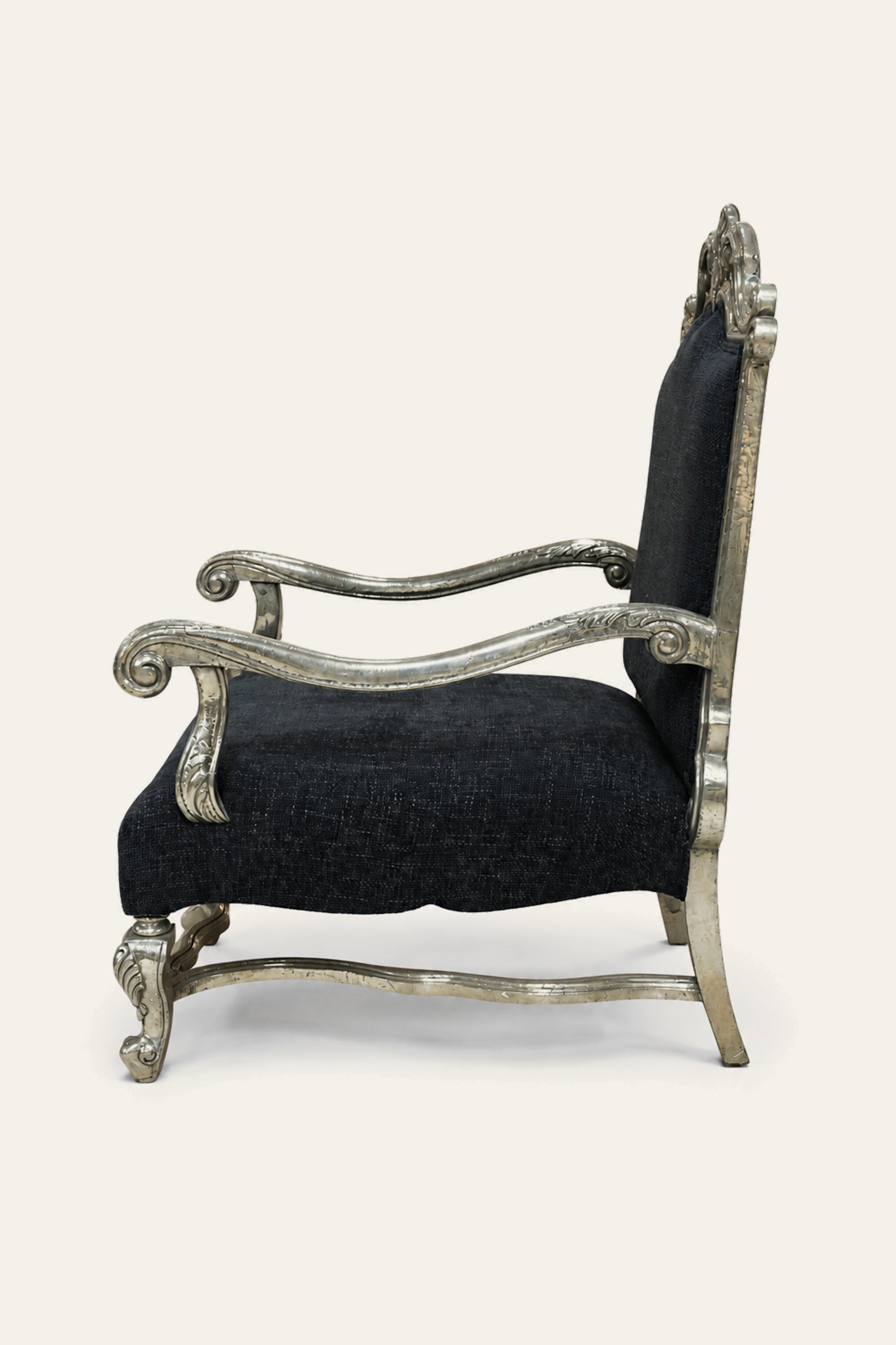 French Regence White Metal Black Upholstered Armchair