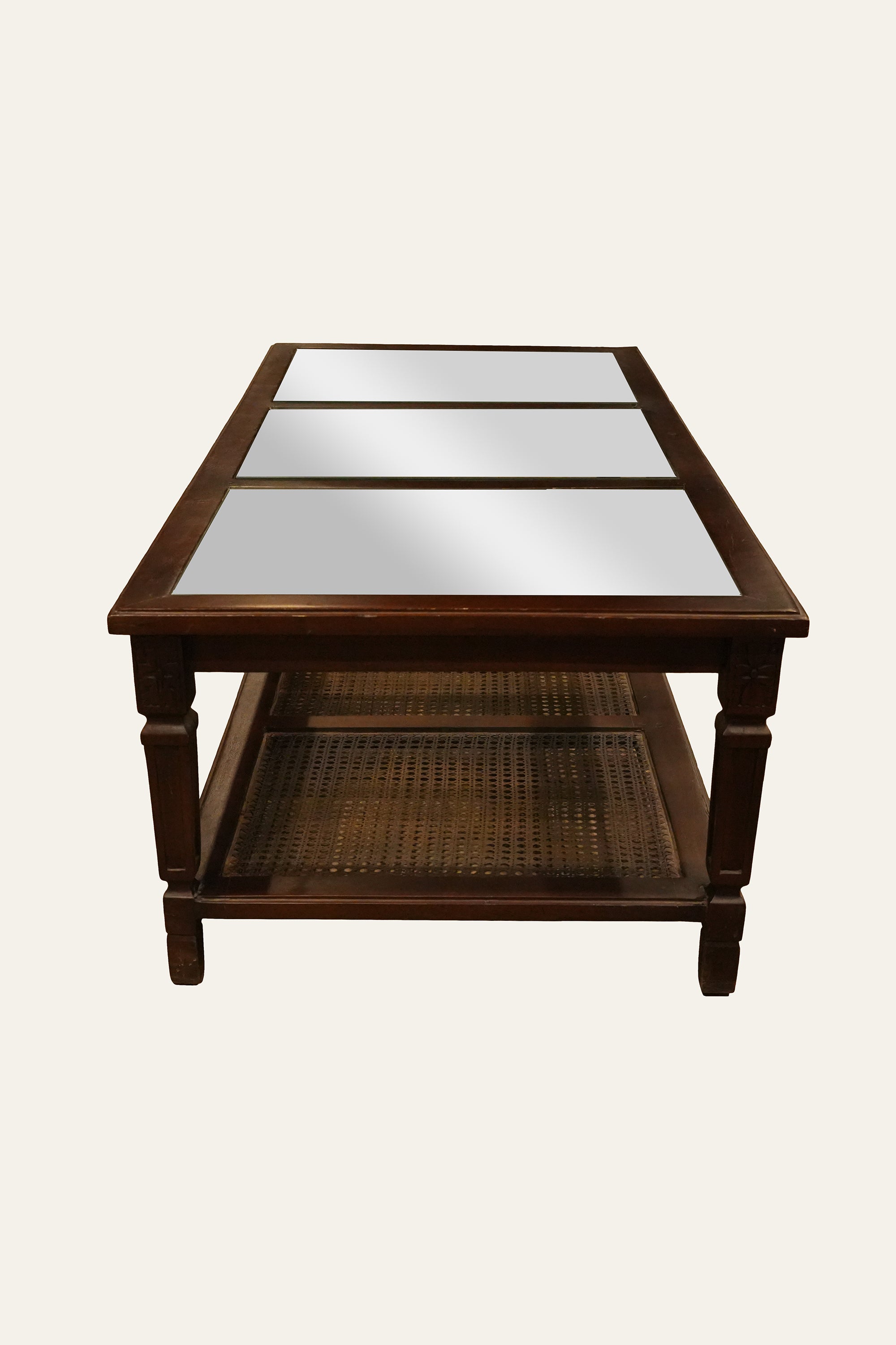 Gustavian Style Brown 2-Tiered Glass Coffee Table with Cane Shelf