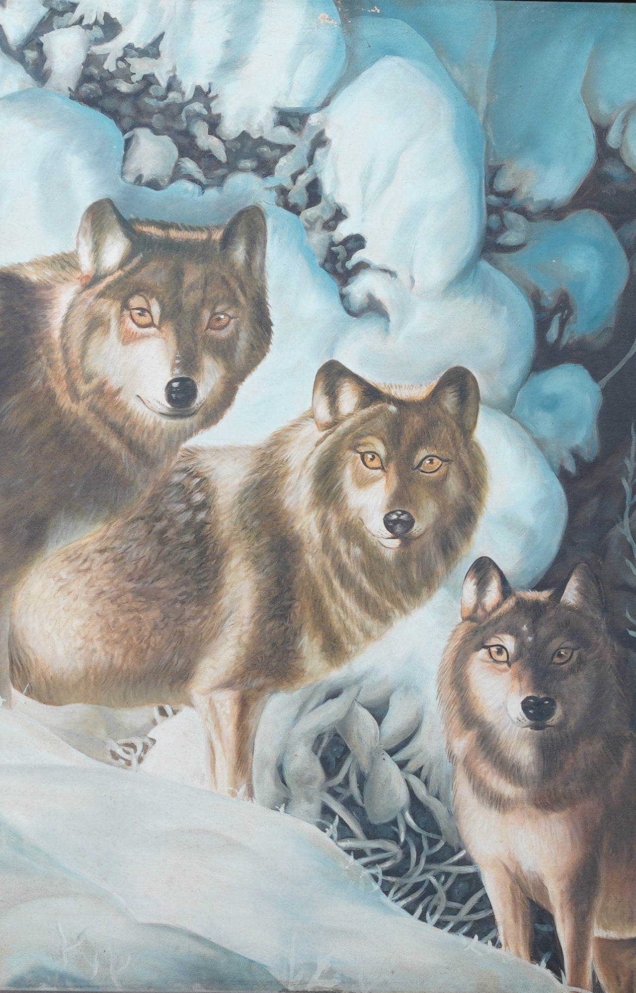 Wolves in the nature - oil painting with wooden frame