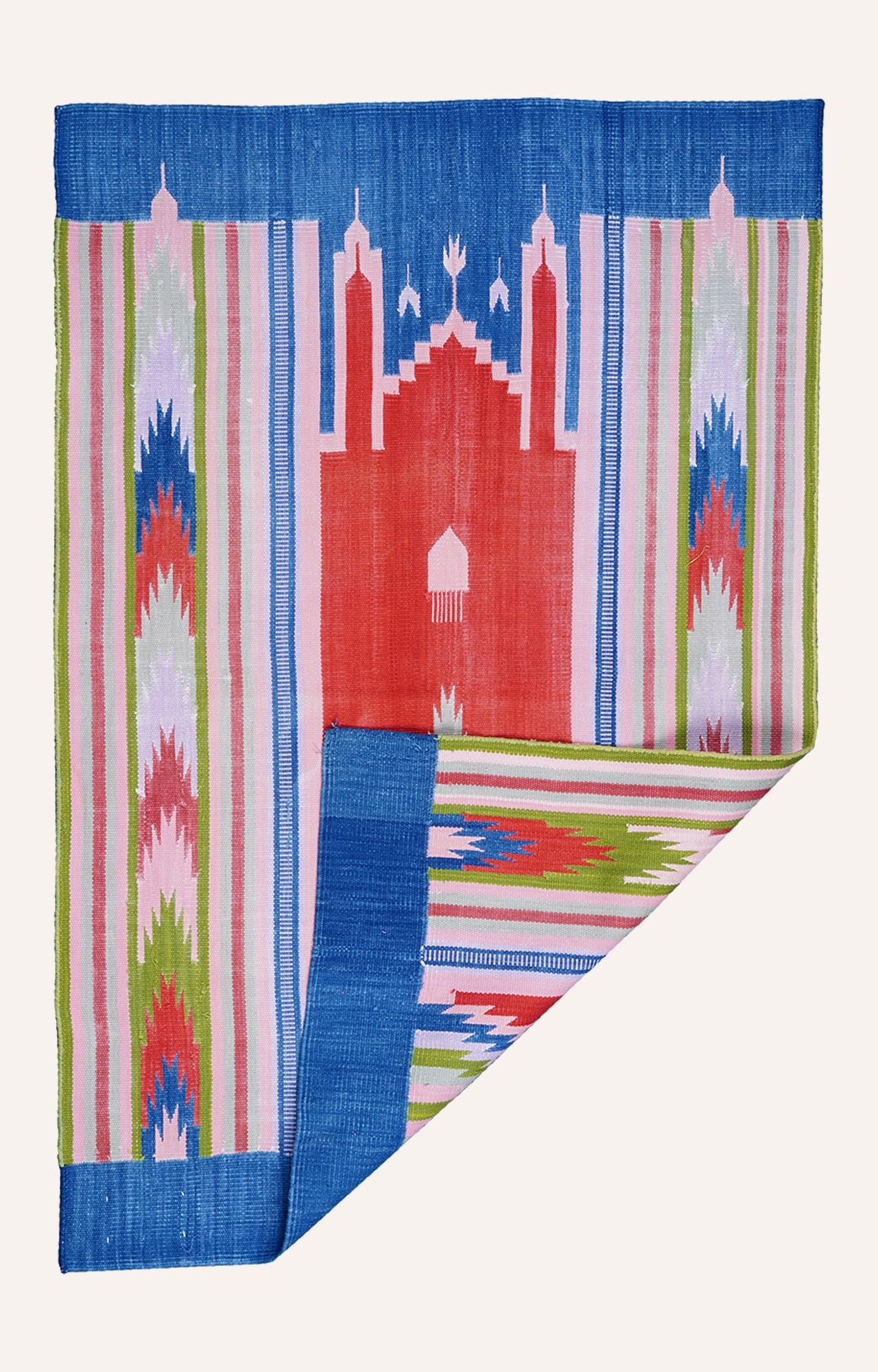 45 x 30 Inches Handwoven Cotton Prayer Rug (Blue And Red)