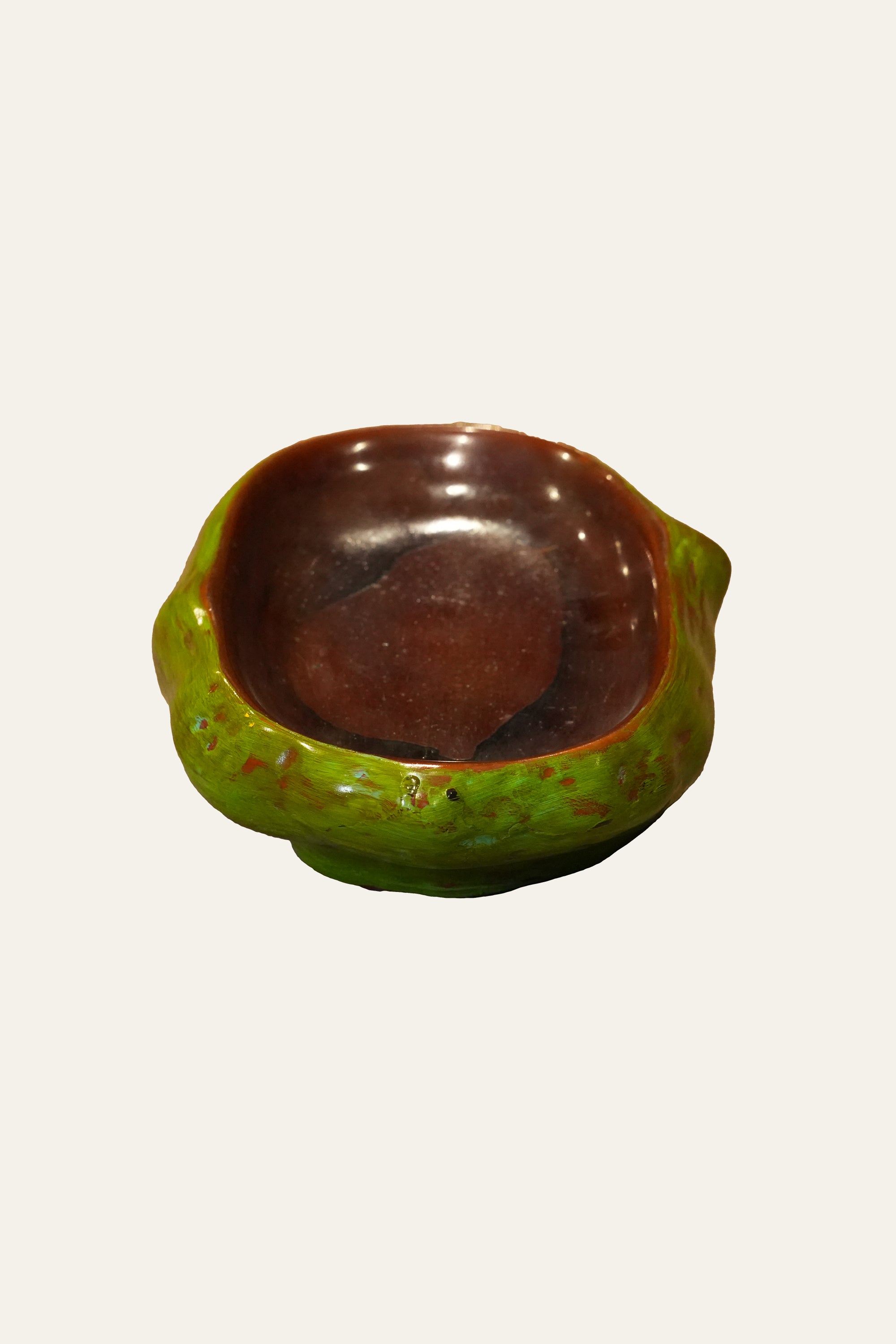 Oval Green & Brown Glazed Ceramic Bowl