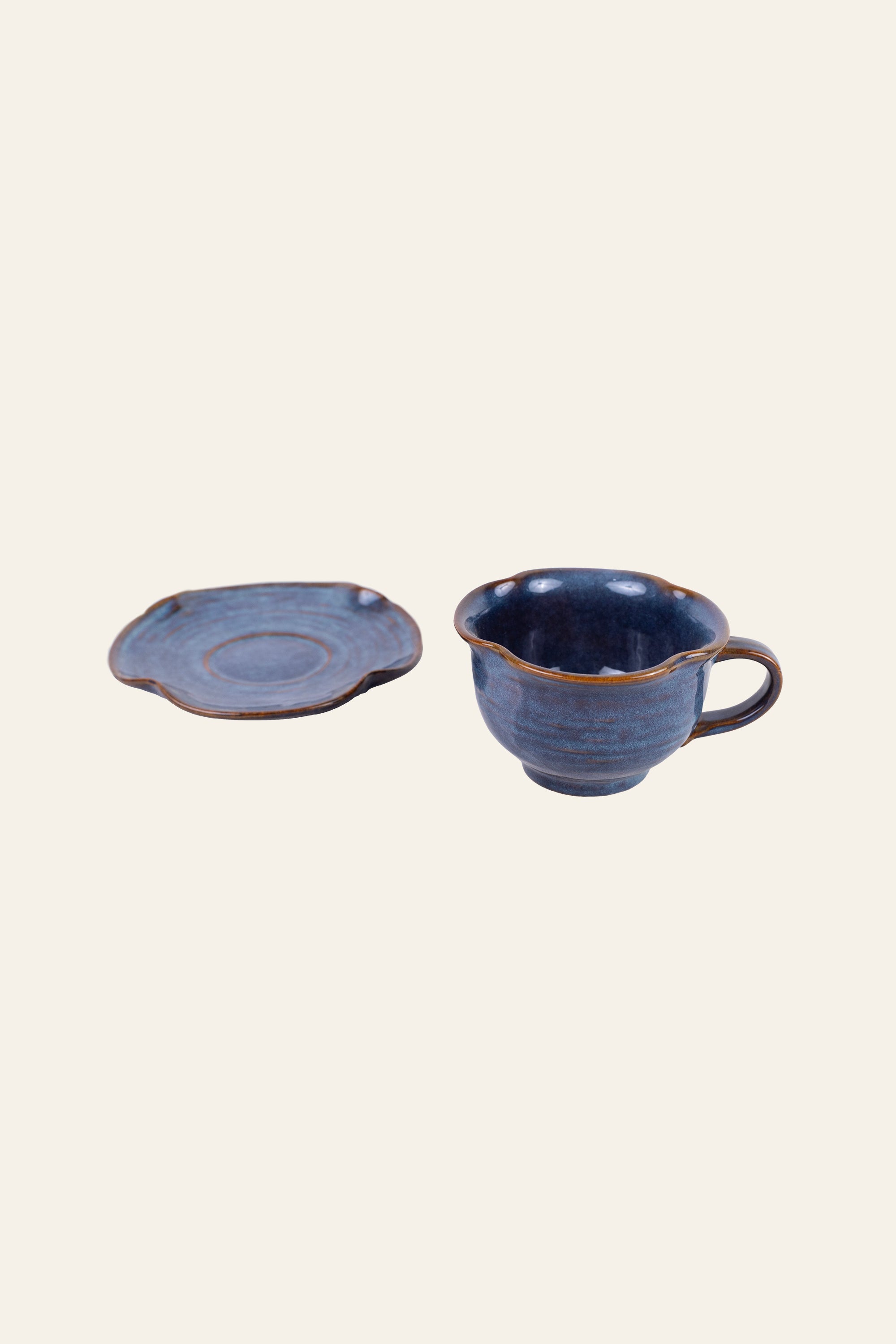 Navy Glazed Ceramic Cup & Saucer - Set of 2