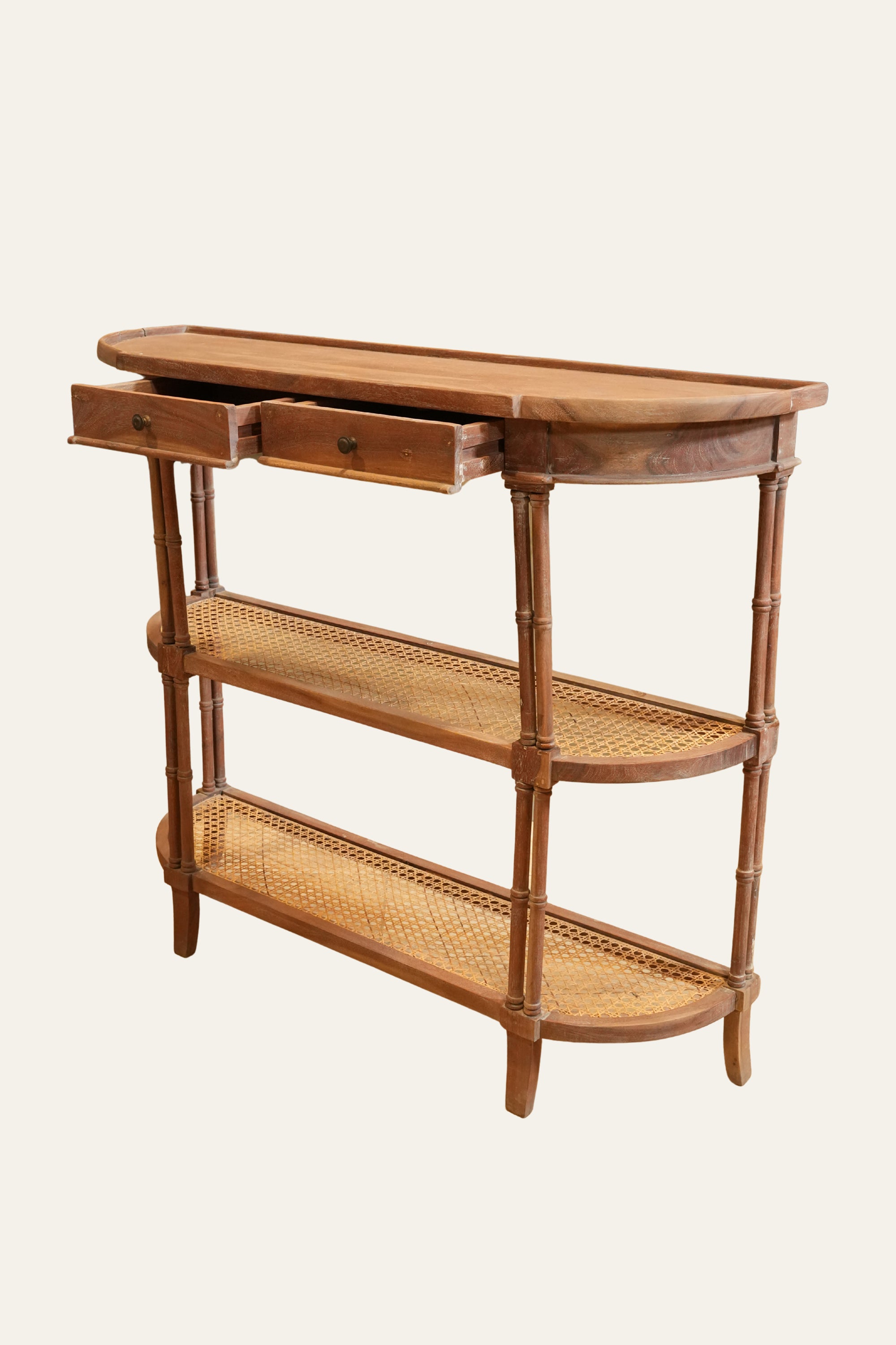 Three Tier Cane Half Round Console Table with Inbuilt Drawers
