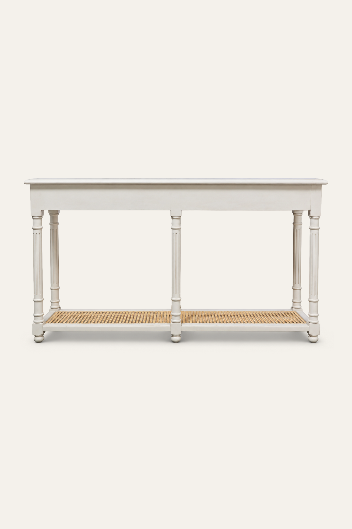 White 4-Drawer Console Table with Woven Cane Shelf for Narrow Hallways
