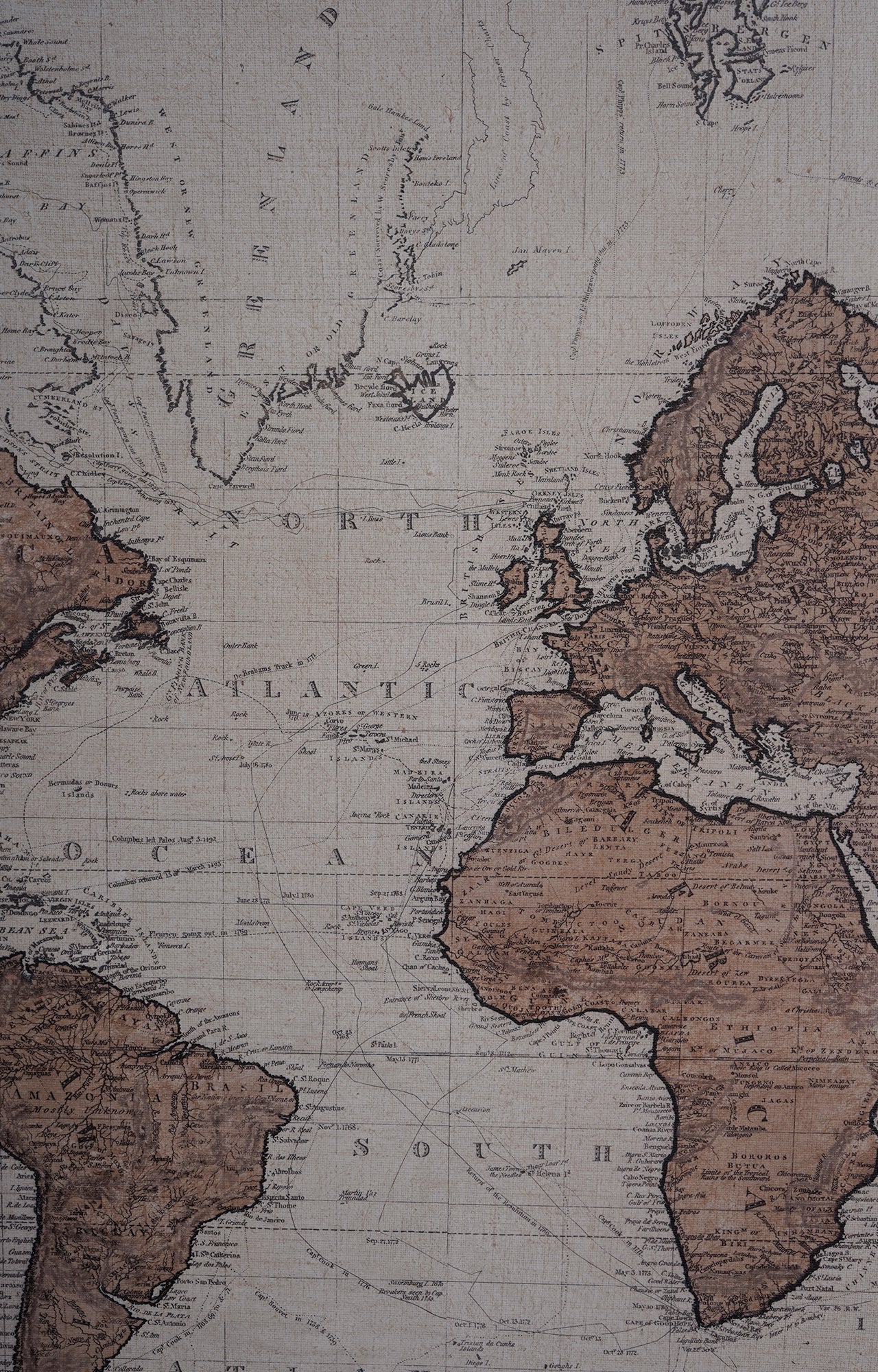 Set of 3 World Maps Textured Prints on Hessian Fabric