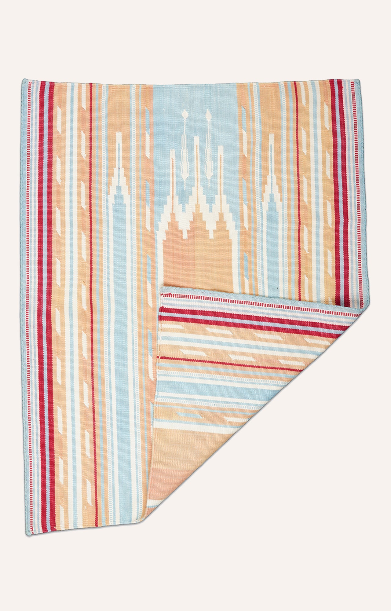 36 x 28 Inches Handwoven Cotton Prayer Rug (Blue And Peach)