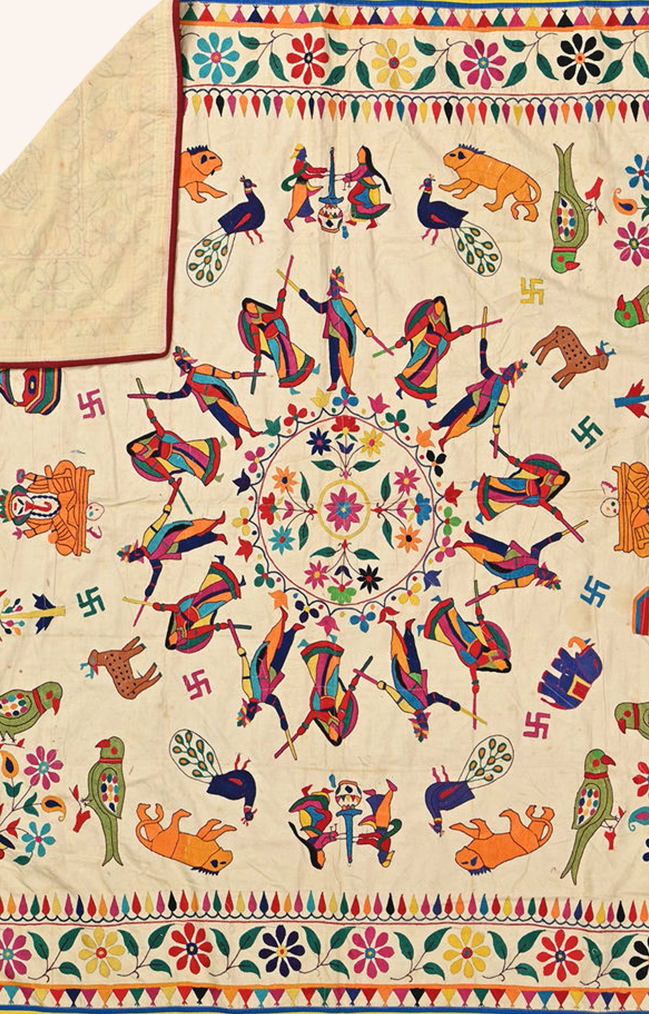 Vibrant Kutch Embroidery Cotton Wall Textile with Parrot, Animal, and Garba Dance Figures"