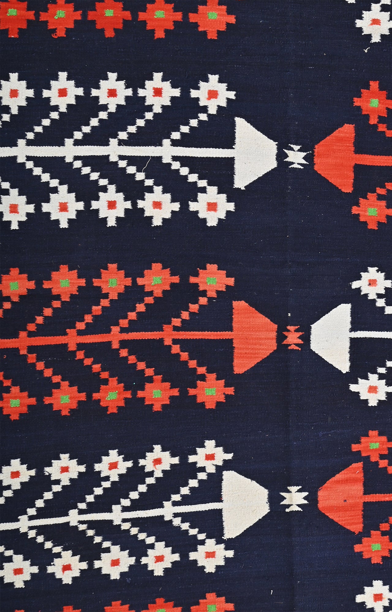 Orange and White Motifs on a Blue Cotton Durrie