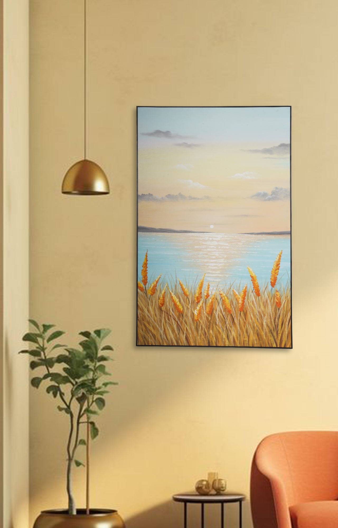 Sea Sunrise Reed Landscape Oil Painting (Framed)