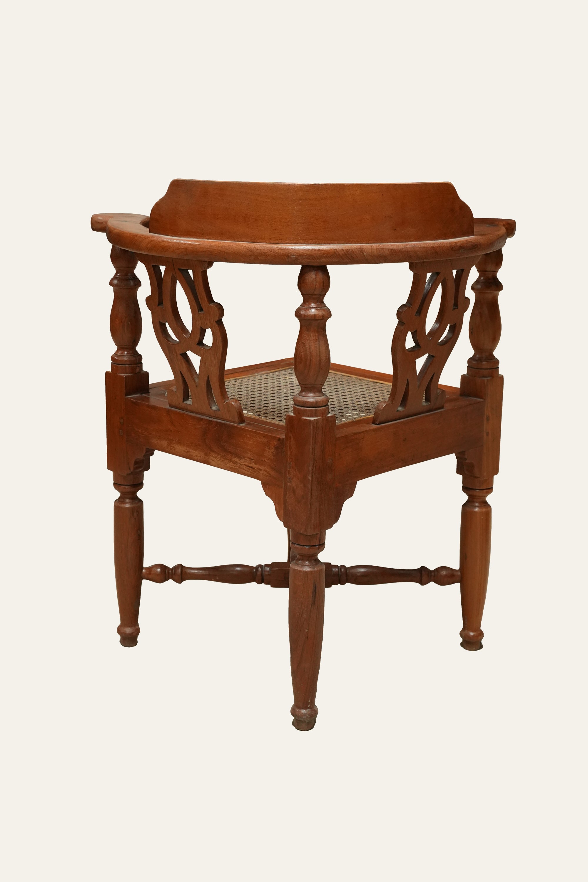 Carved Wooden Roundabout Cane Armchair with X-stretcher Base
