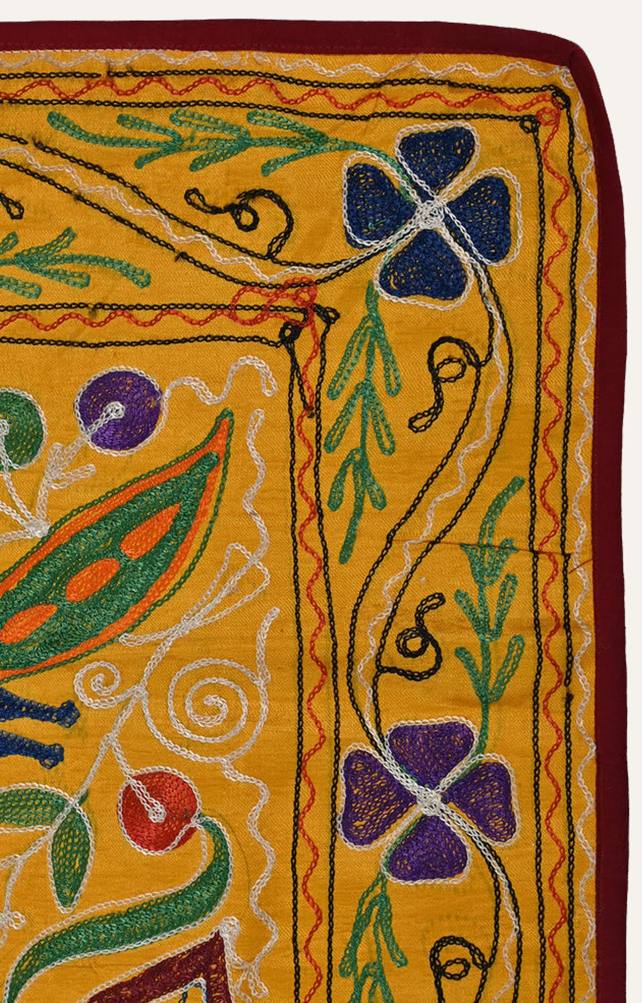 Embroidered Wall Hanging with Central Elephant Motif and Corner Parrots