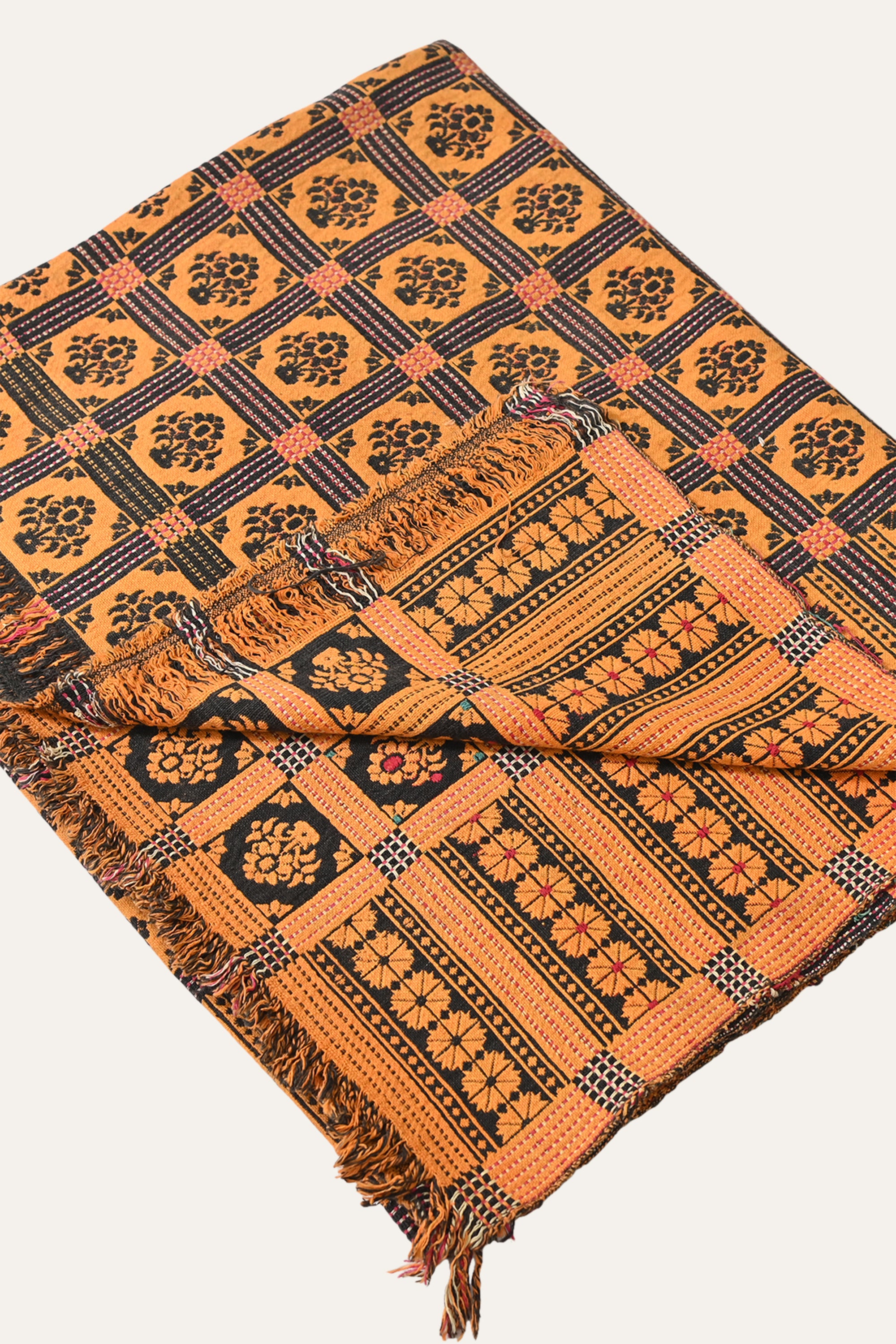 Vintage Terracotta Floral Motif Cotton Khes Blanket with Fringed Ends