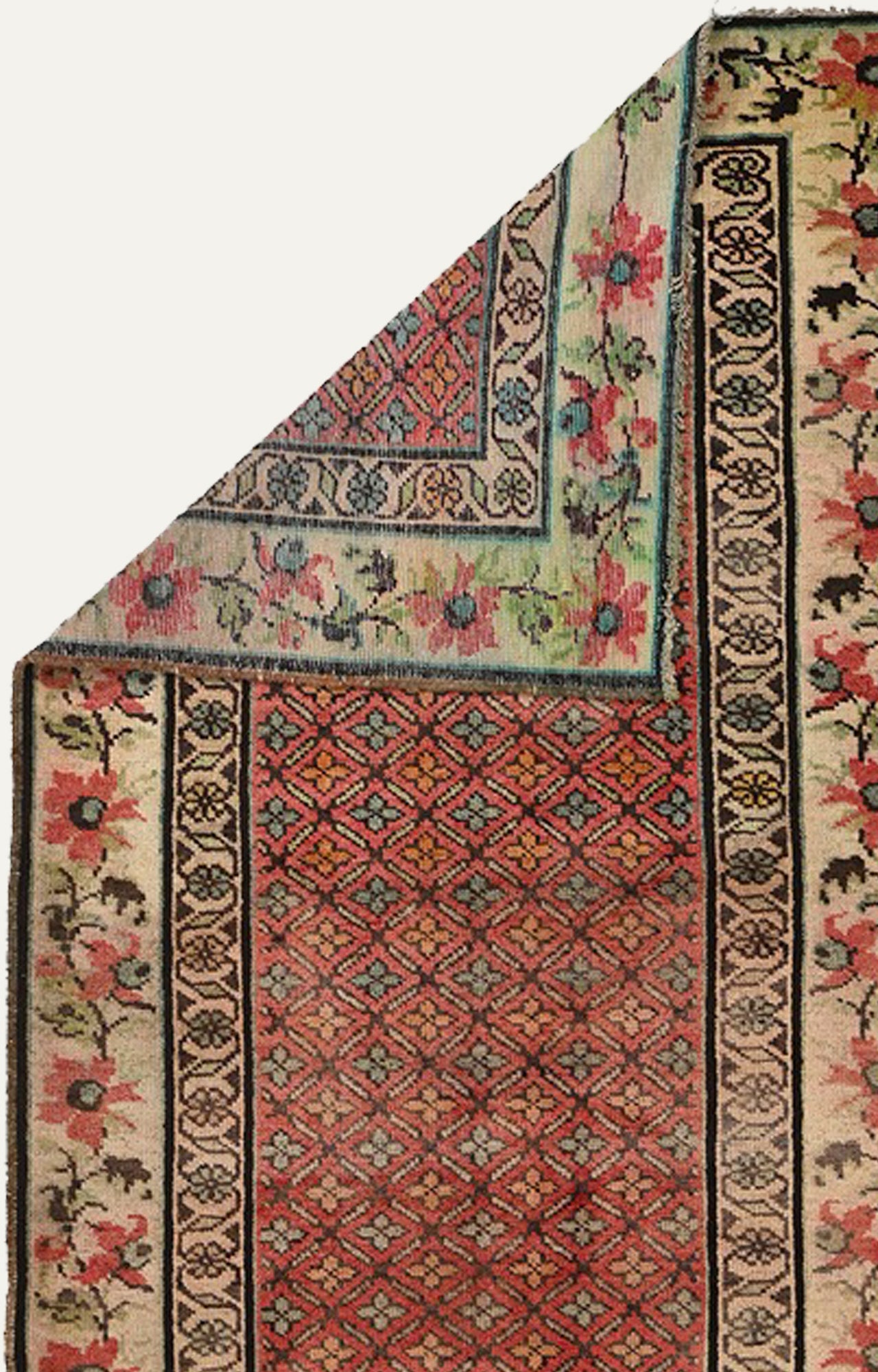 4 x 7 Ft Century-Old Carpet with Floral Border and Distressed Finish