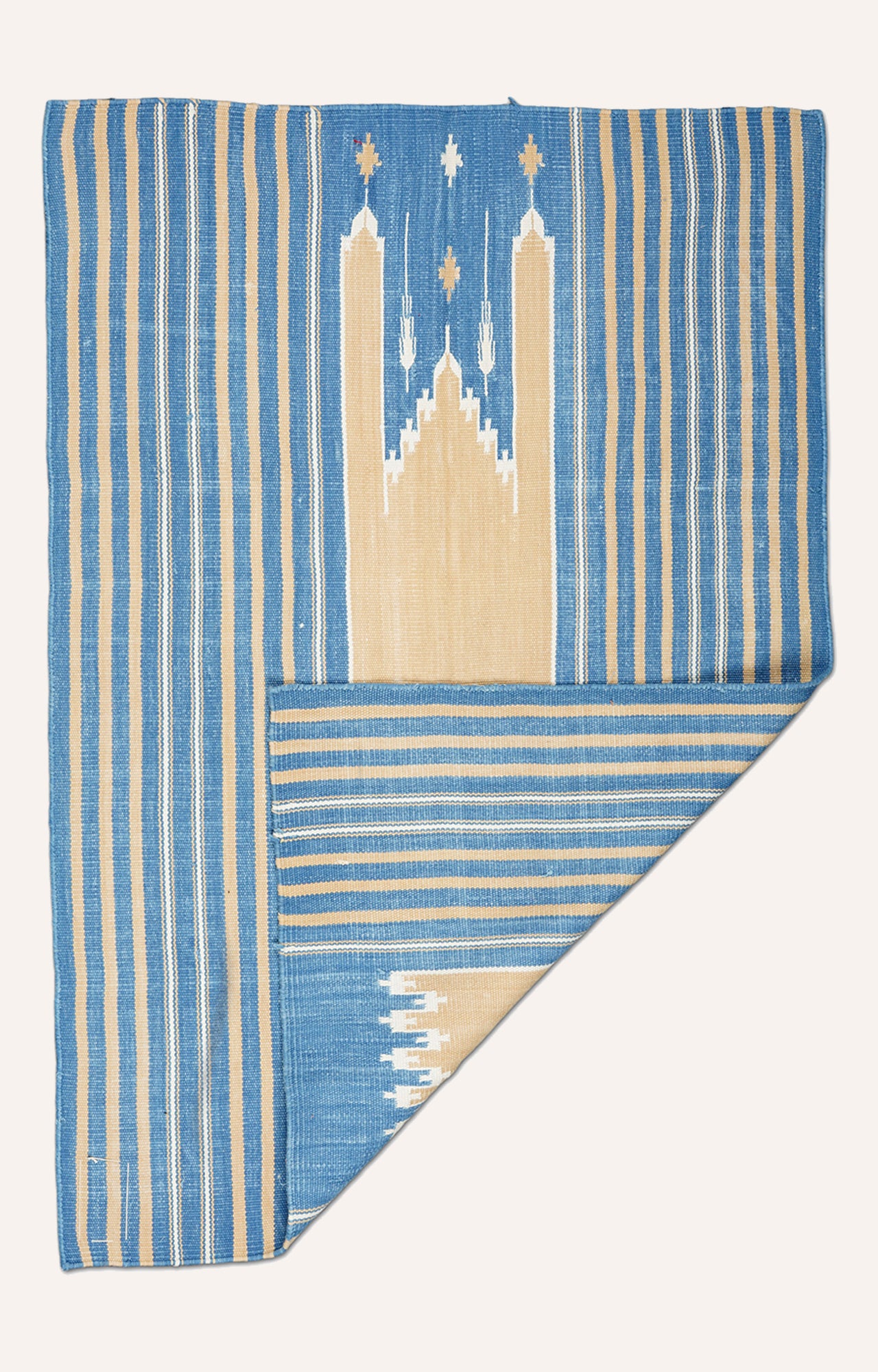 39 x 27 Inches Handwoven Cotton Prayer Rug (Blue And Beige)