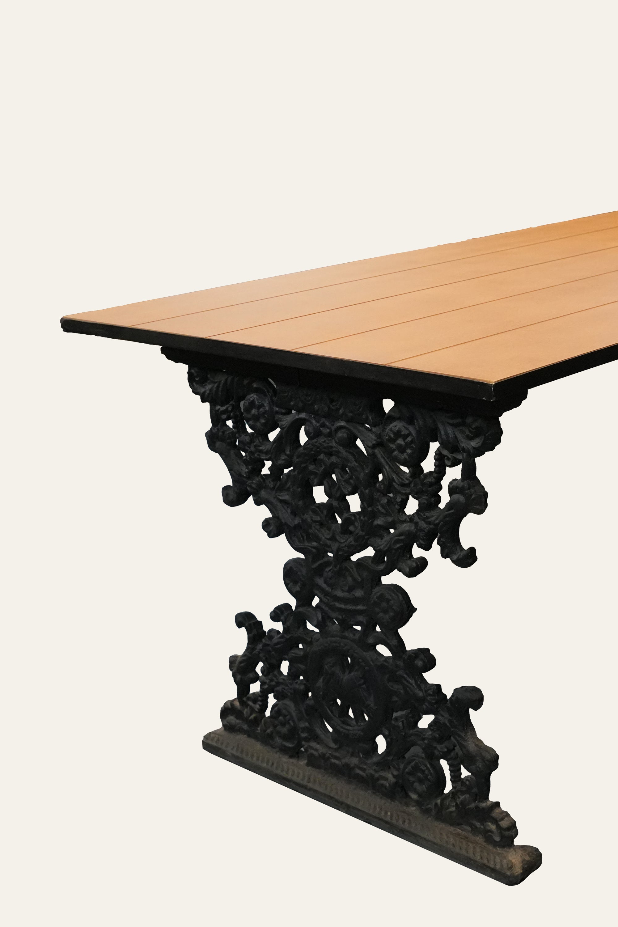 Ornate Cast Iron Pedestal Dining Table with Solid Wood Top
