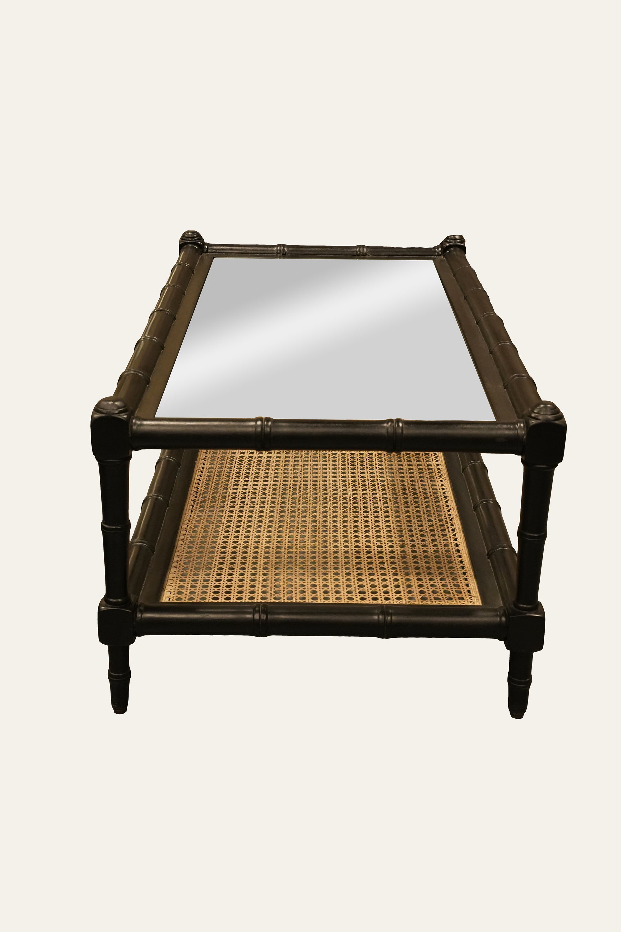 Black Rectangular Wooden Coffee Table with Glass Top & Lower Cane Shelf